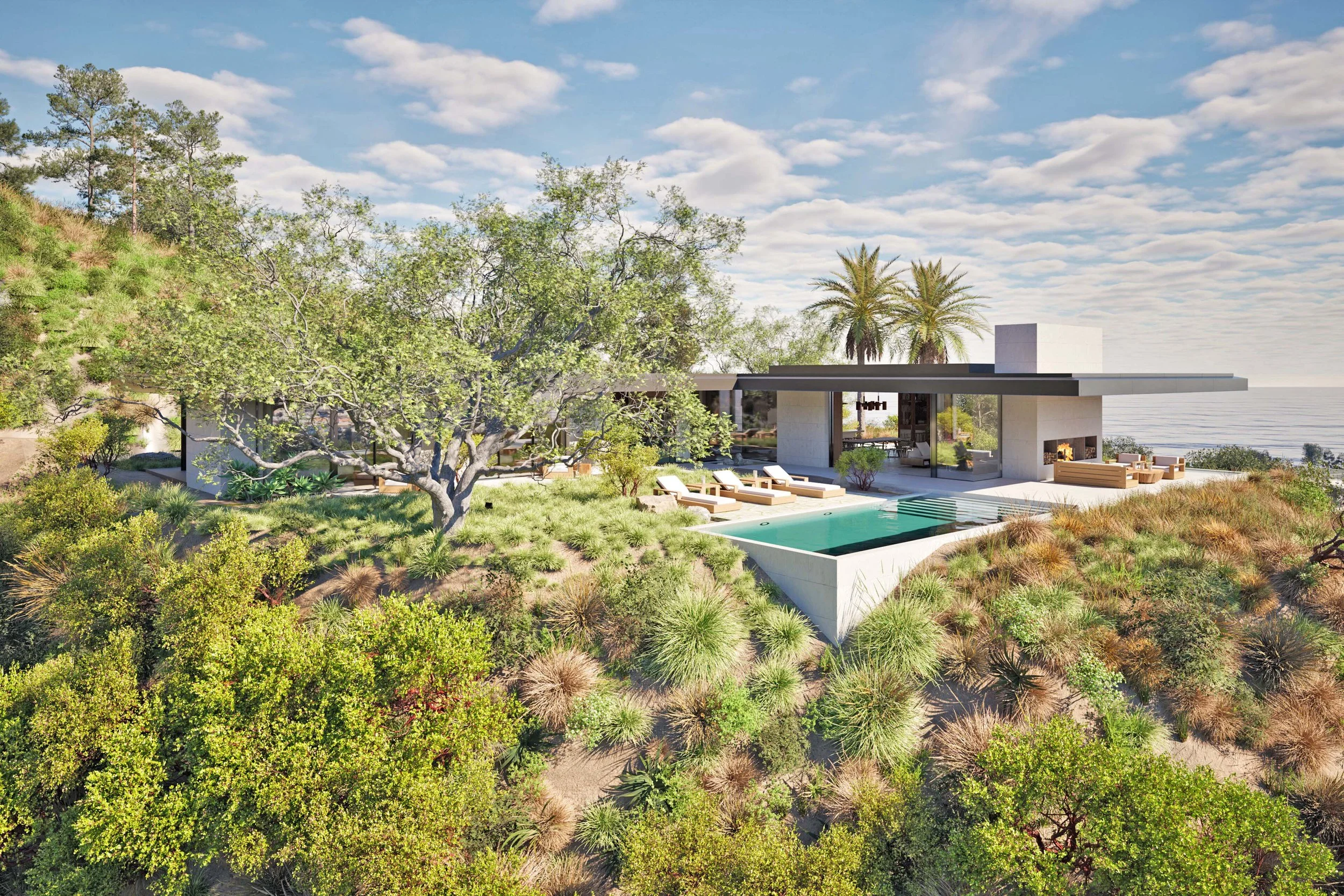 Terrace with pool at modern home in Pacific Palisades designed by William Kaven Architecture.
