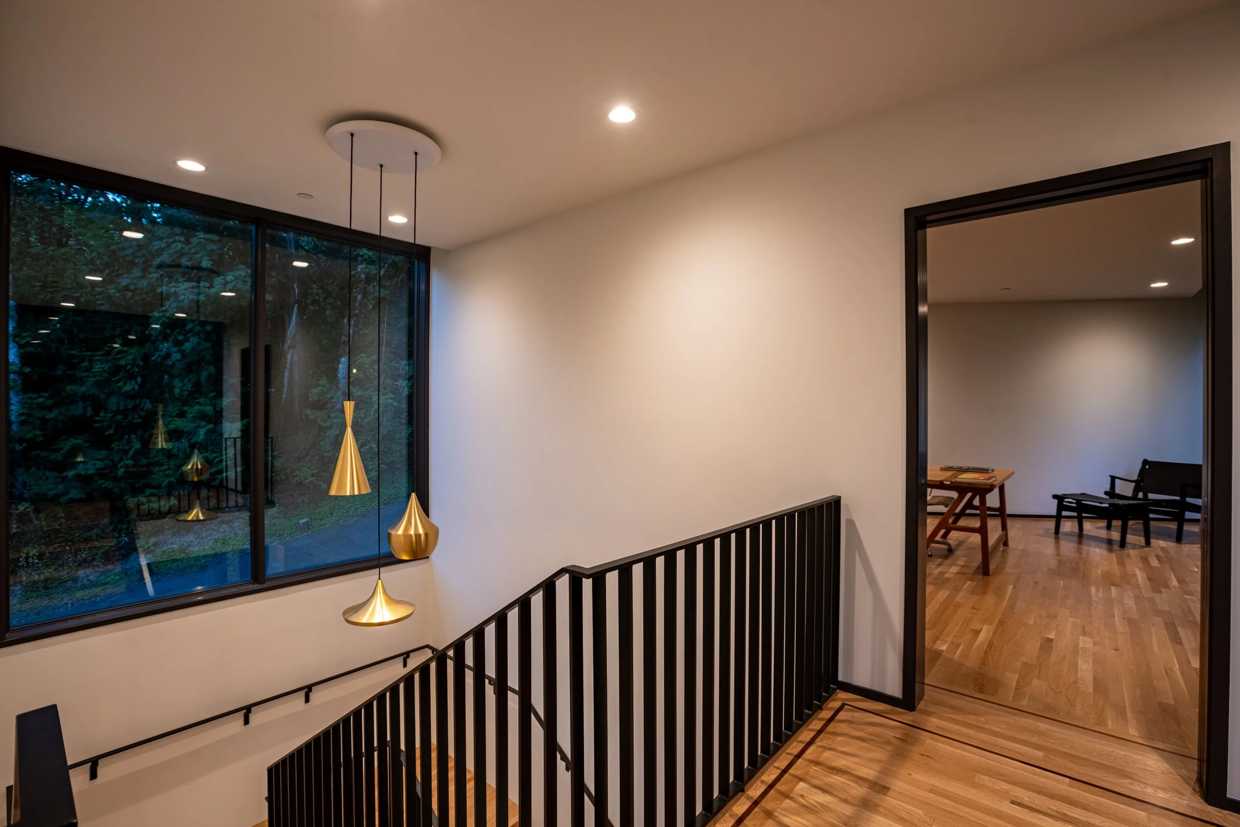 Staircase with view into study — William Kaven Architecture