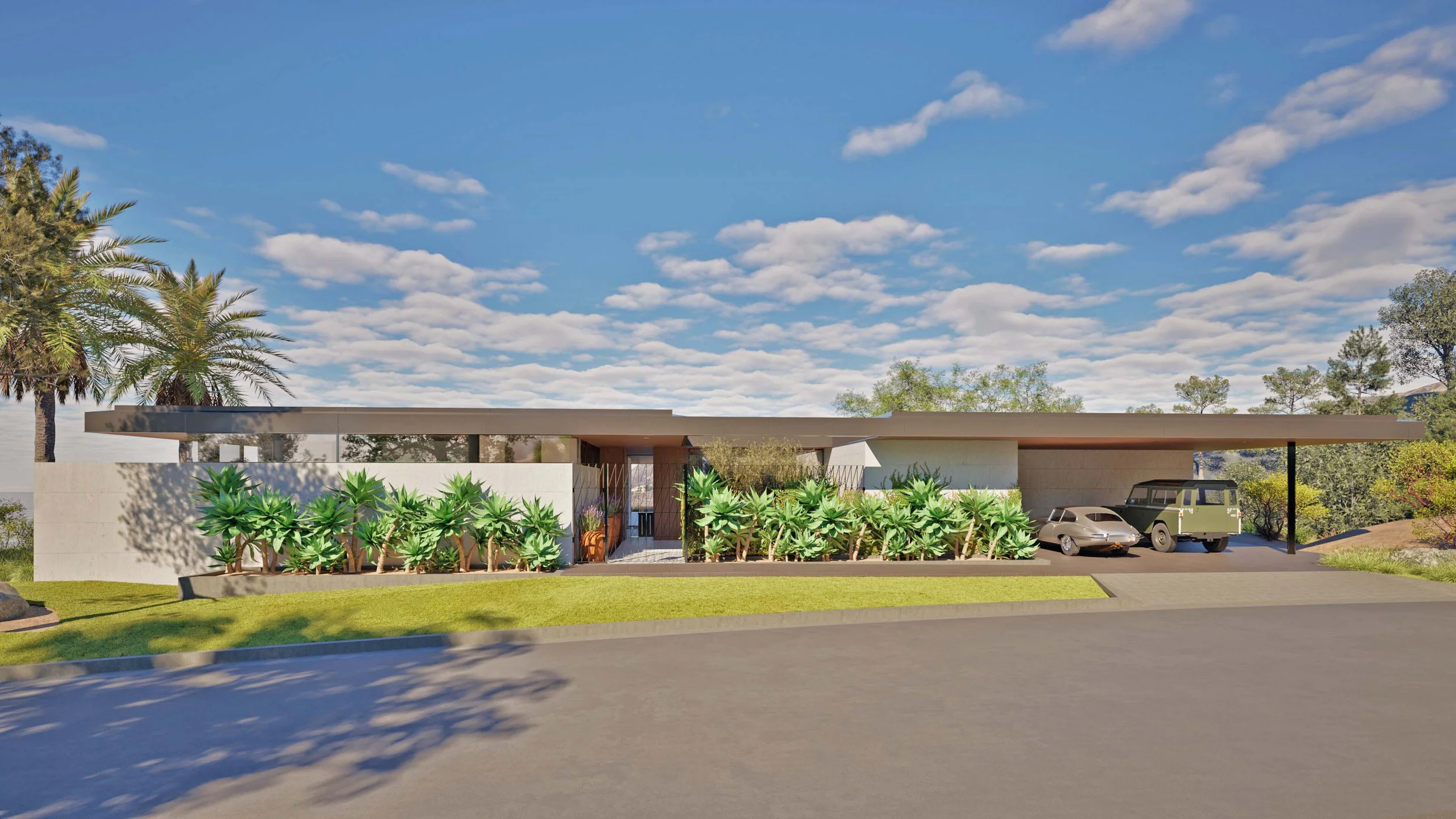 Entry to modern home with carport in Pacific Palisades Miramar residence by William Kaven Architecture