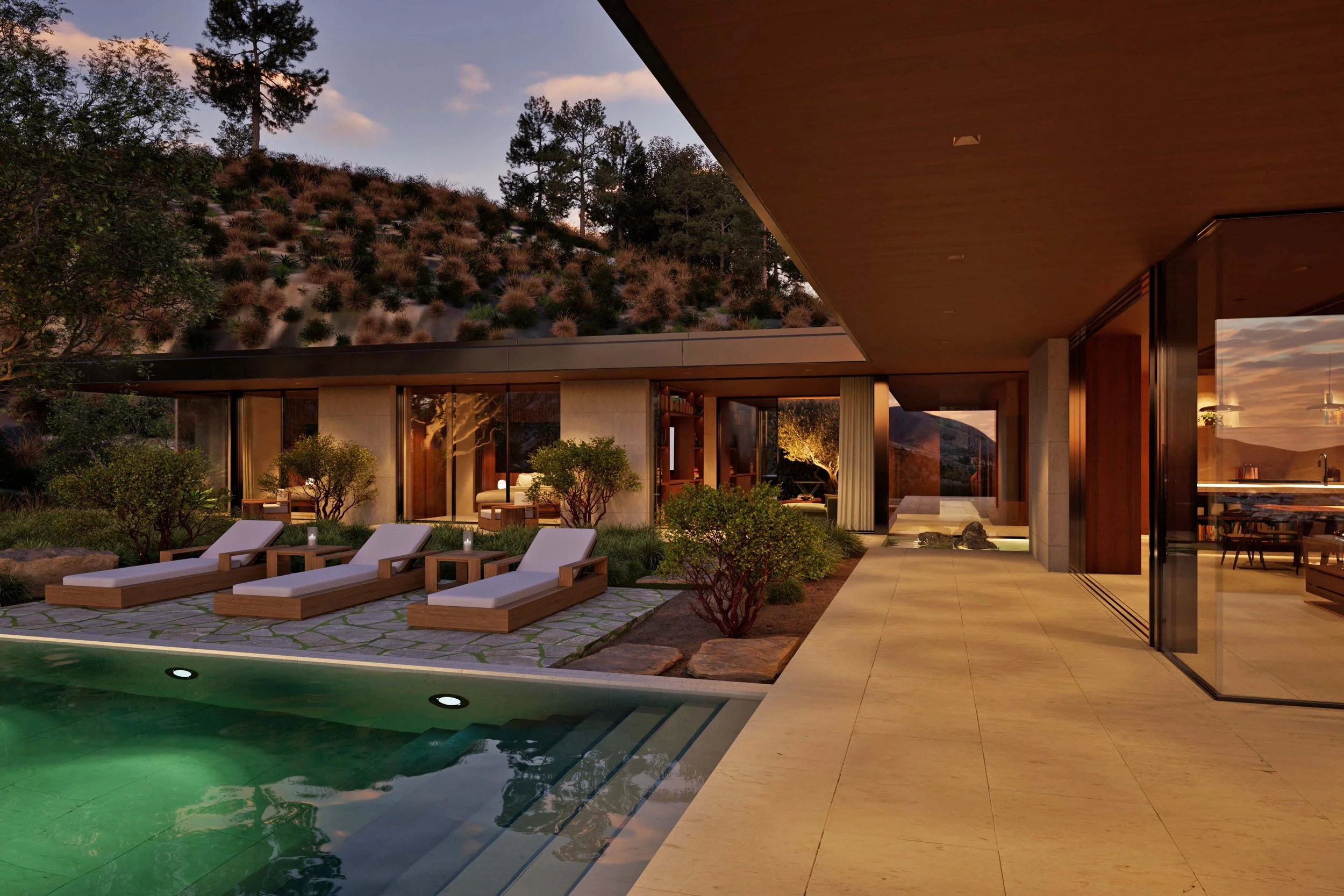 Residential terrace with pool on Pacific Palisades bluff  — Miramar residence by William Kaven Architecture