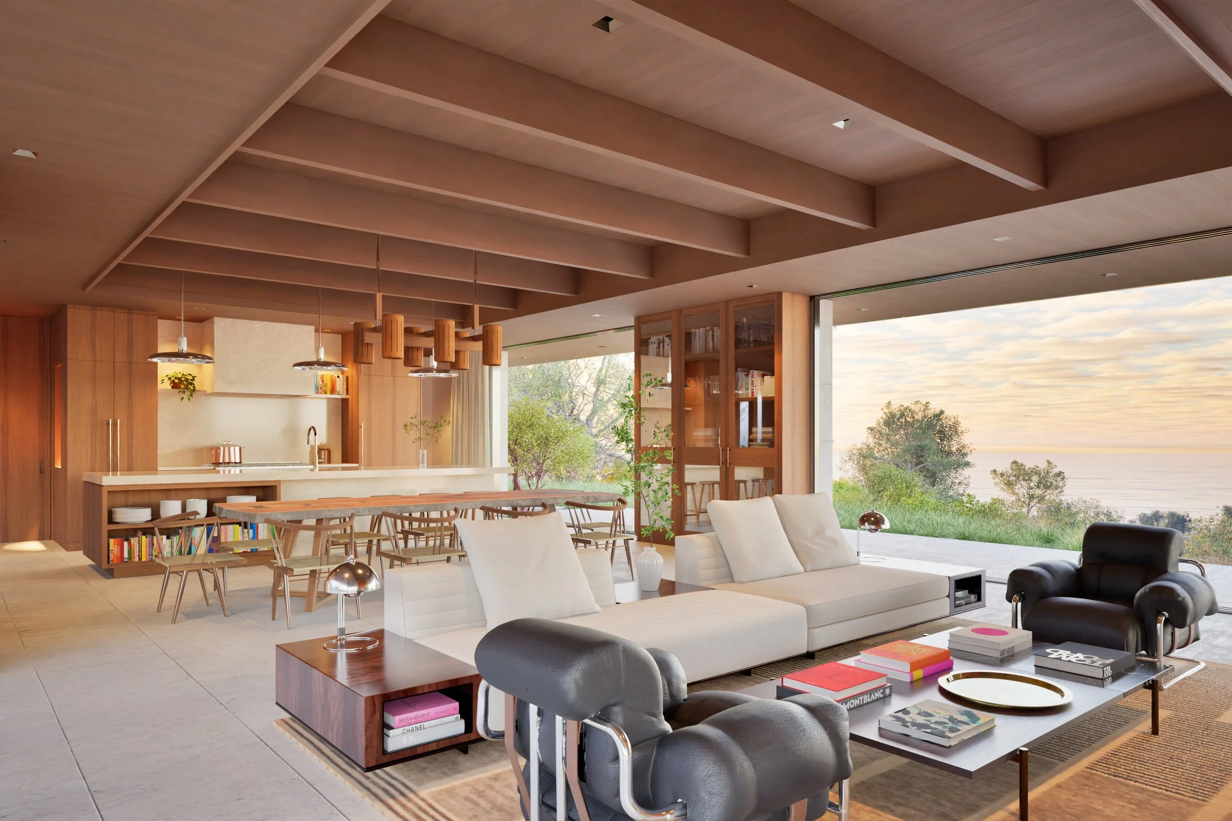 Living room and kitchen in Pacific Palisades with Midcentury Modern furniture and large operable window walls  — Miramar residence by William Kaven Architecture