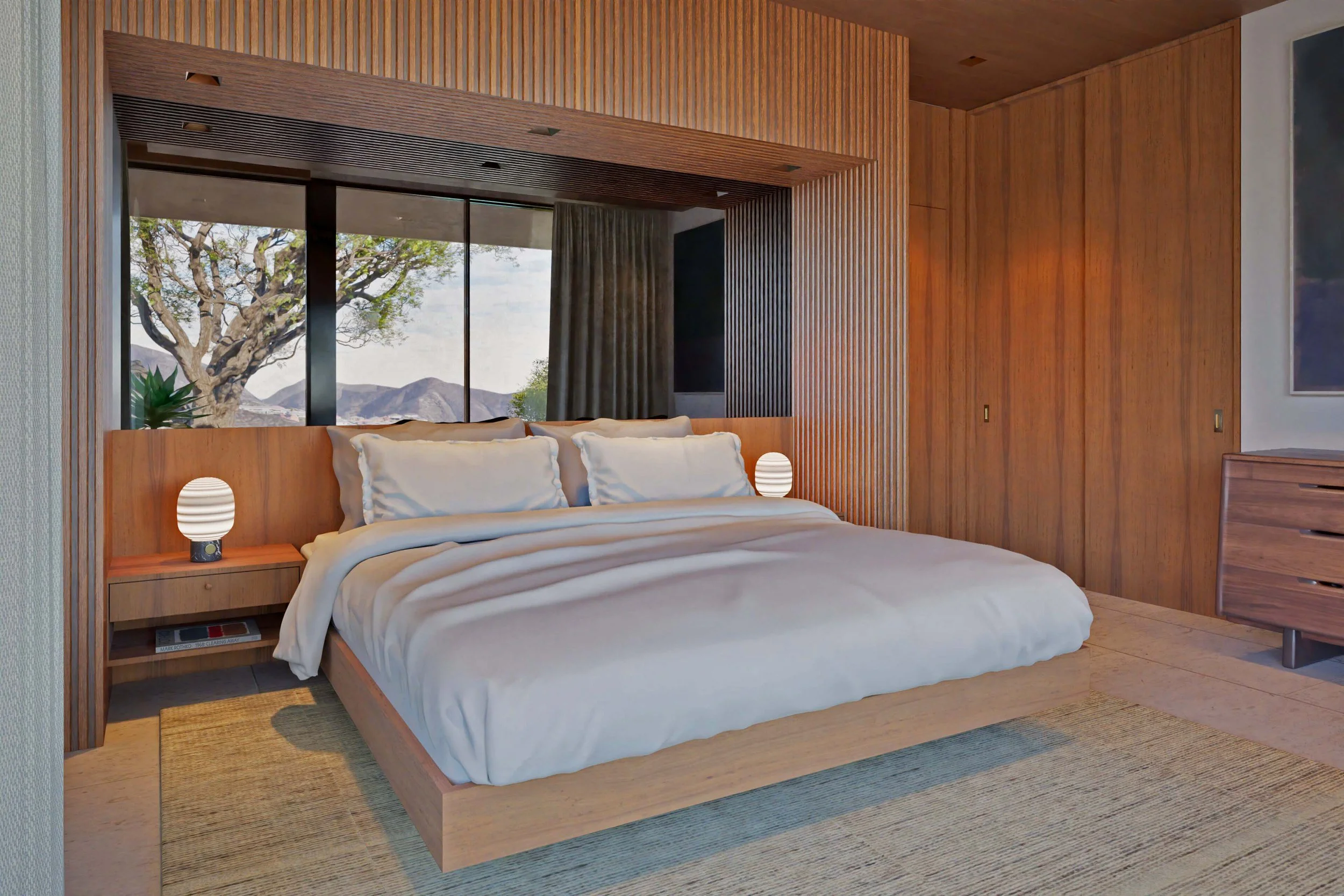 Bedroom with slatted wood detail and integrated nightstands Miramar residence by William Kaven Architecture