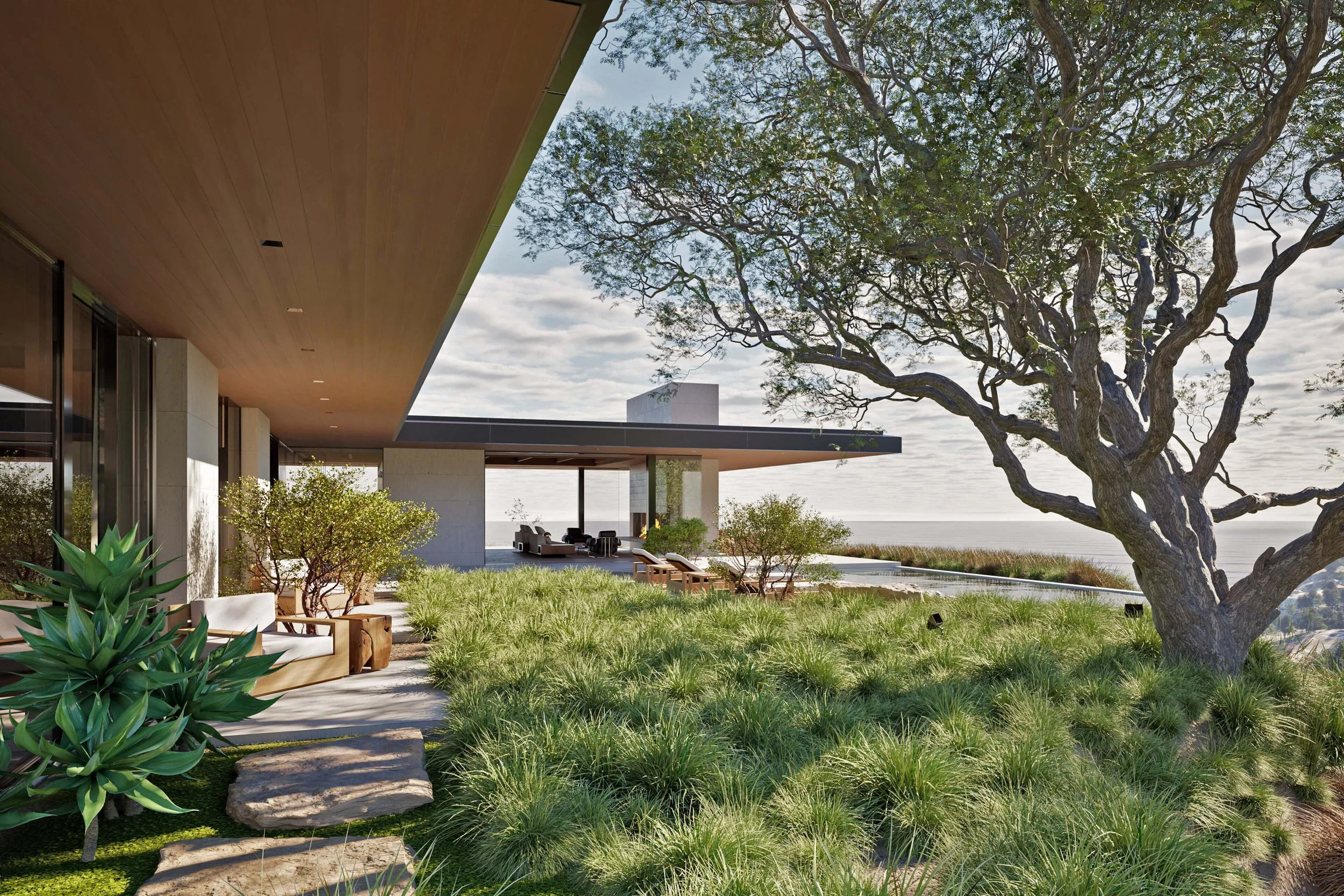 Terrace and view of living room at Pacific Palisades house Miramar residence by William Kaven Architecture