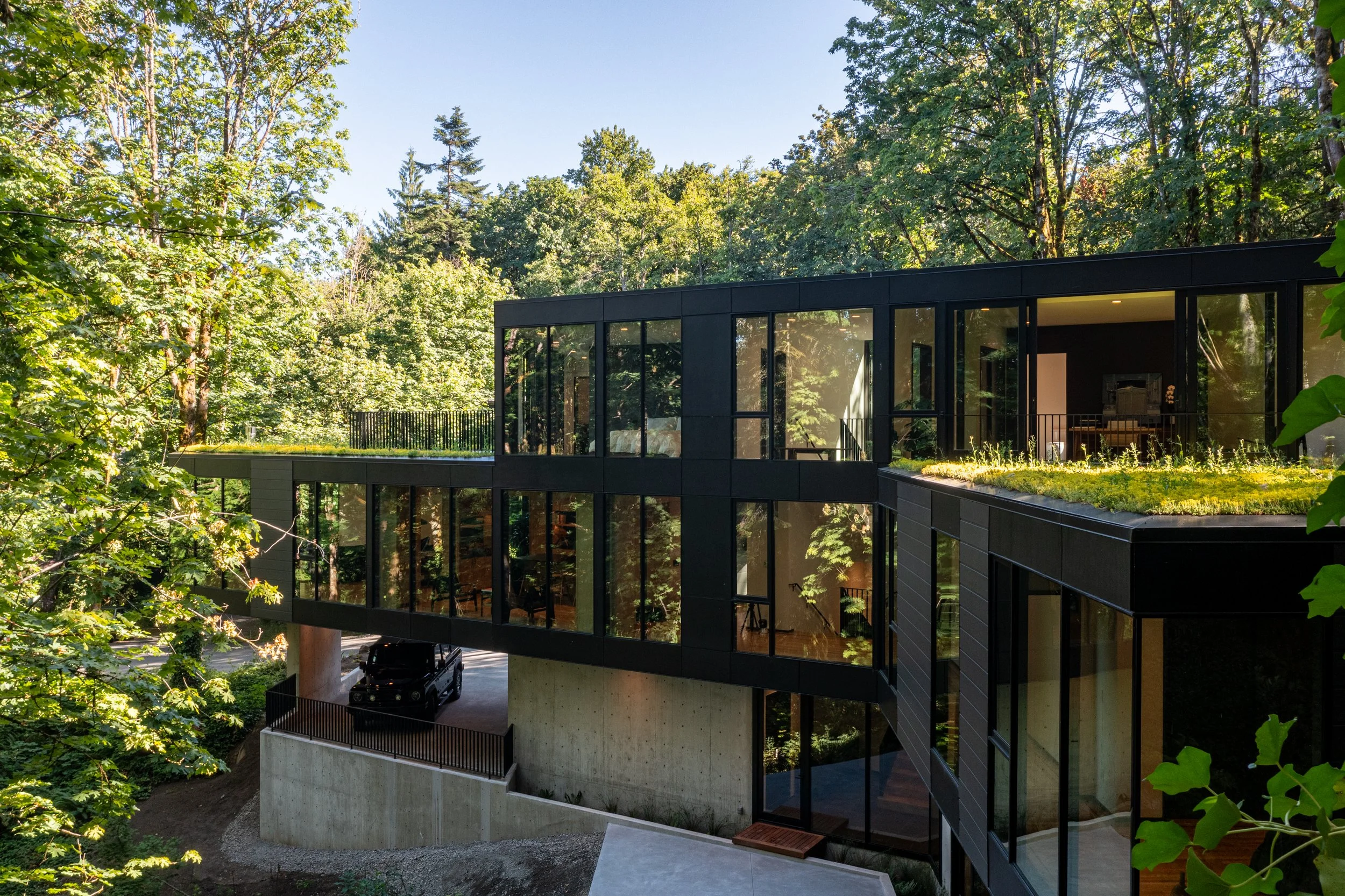 Modern house with green roof in forest — William Kaven Architecture
