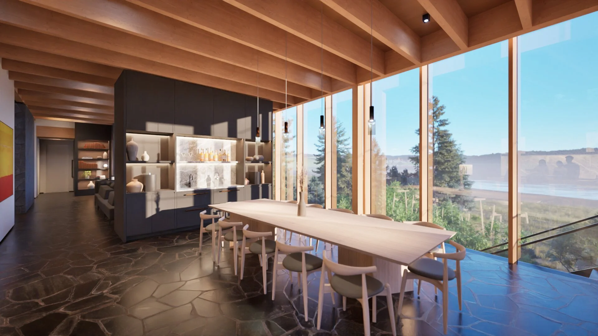 Dining room with views of Hood River, Oregon — William Kaven Architecture.