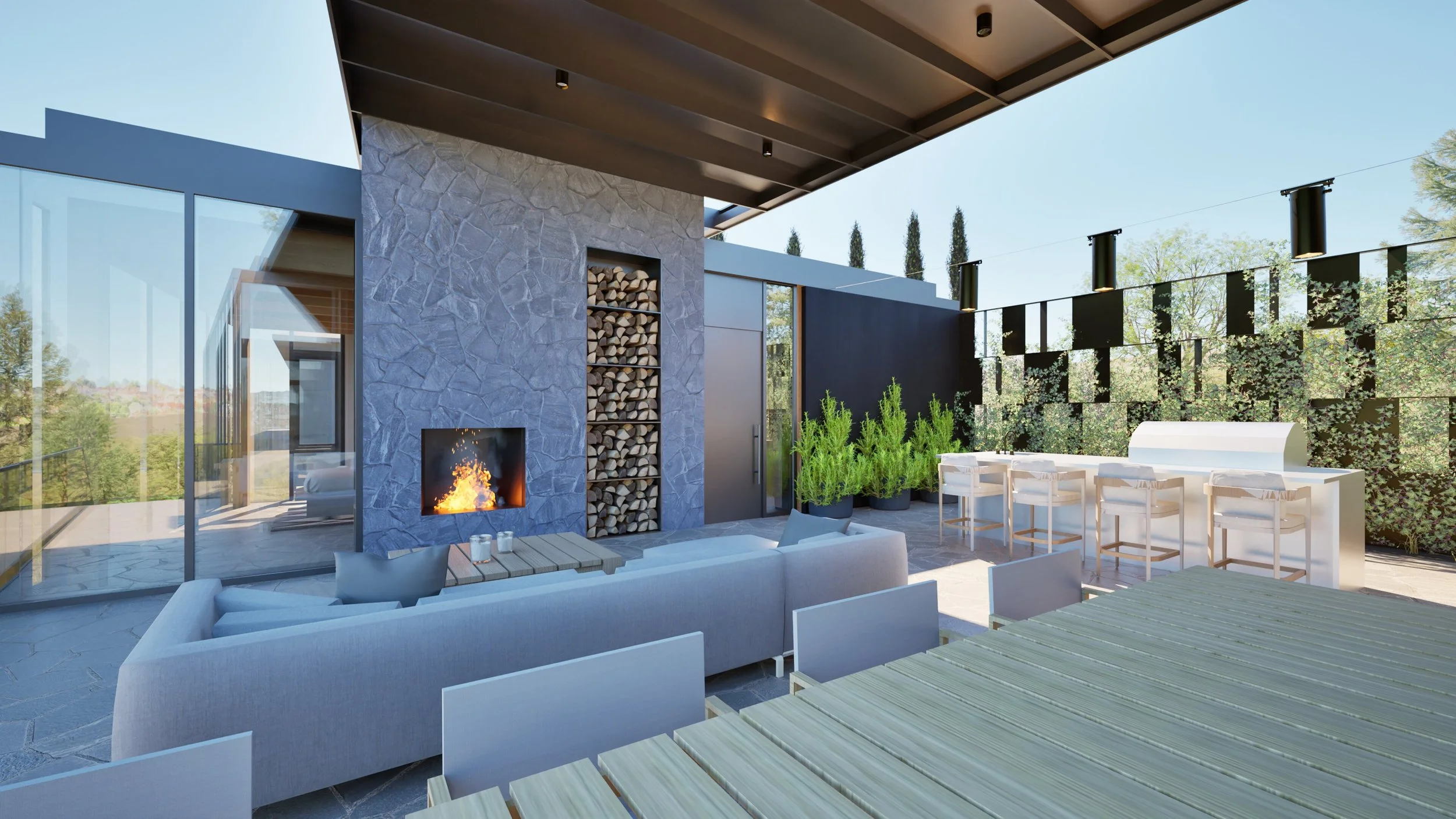 Terrace with living and dining areas, fireplace, and palnters — William Kaven Architecture.