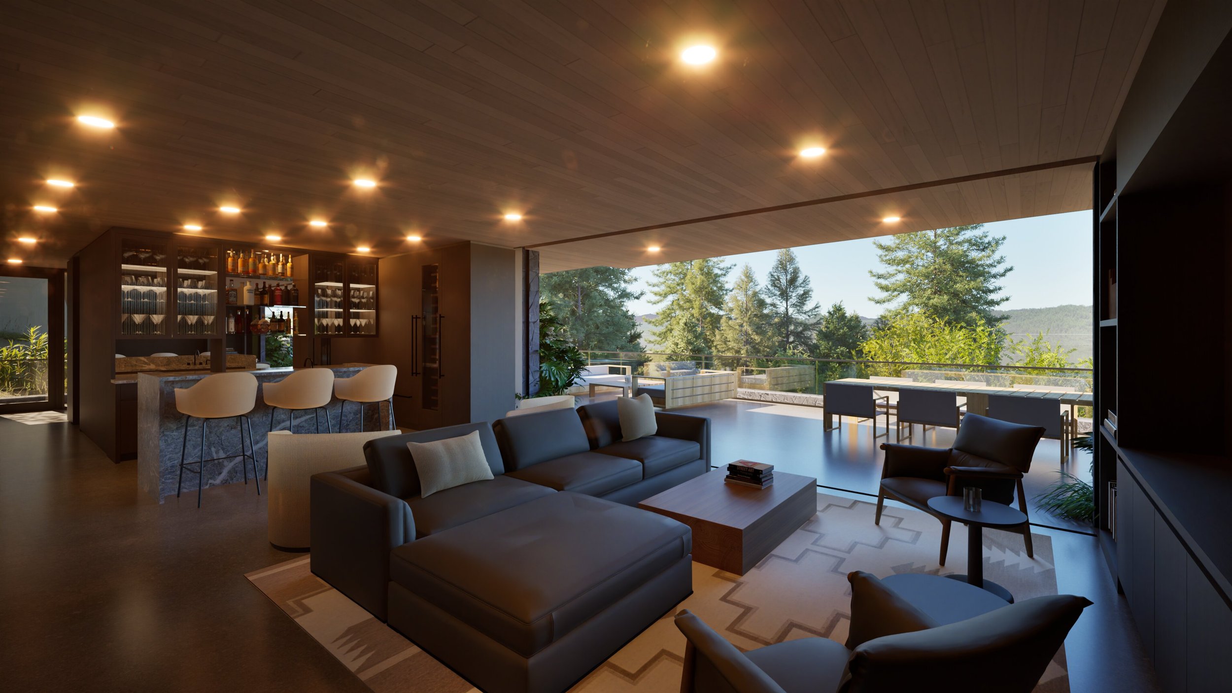 Den with wet bar that opens onto terrace — William Kaven Architecture.