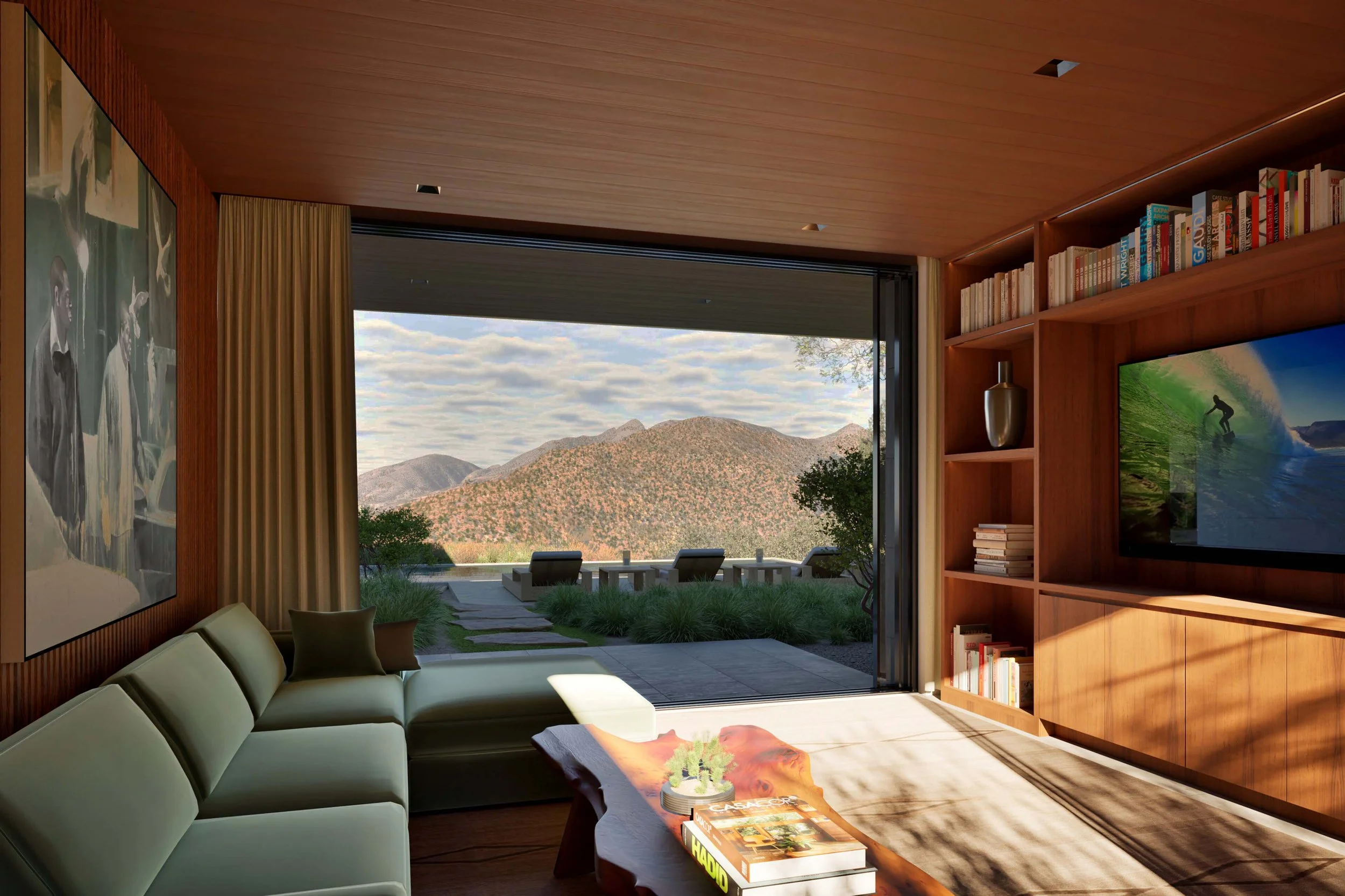 Family room with media center and terrace in Pacific Palisades  — Miramar residence by William Kaven Architecture