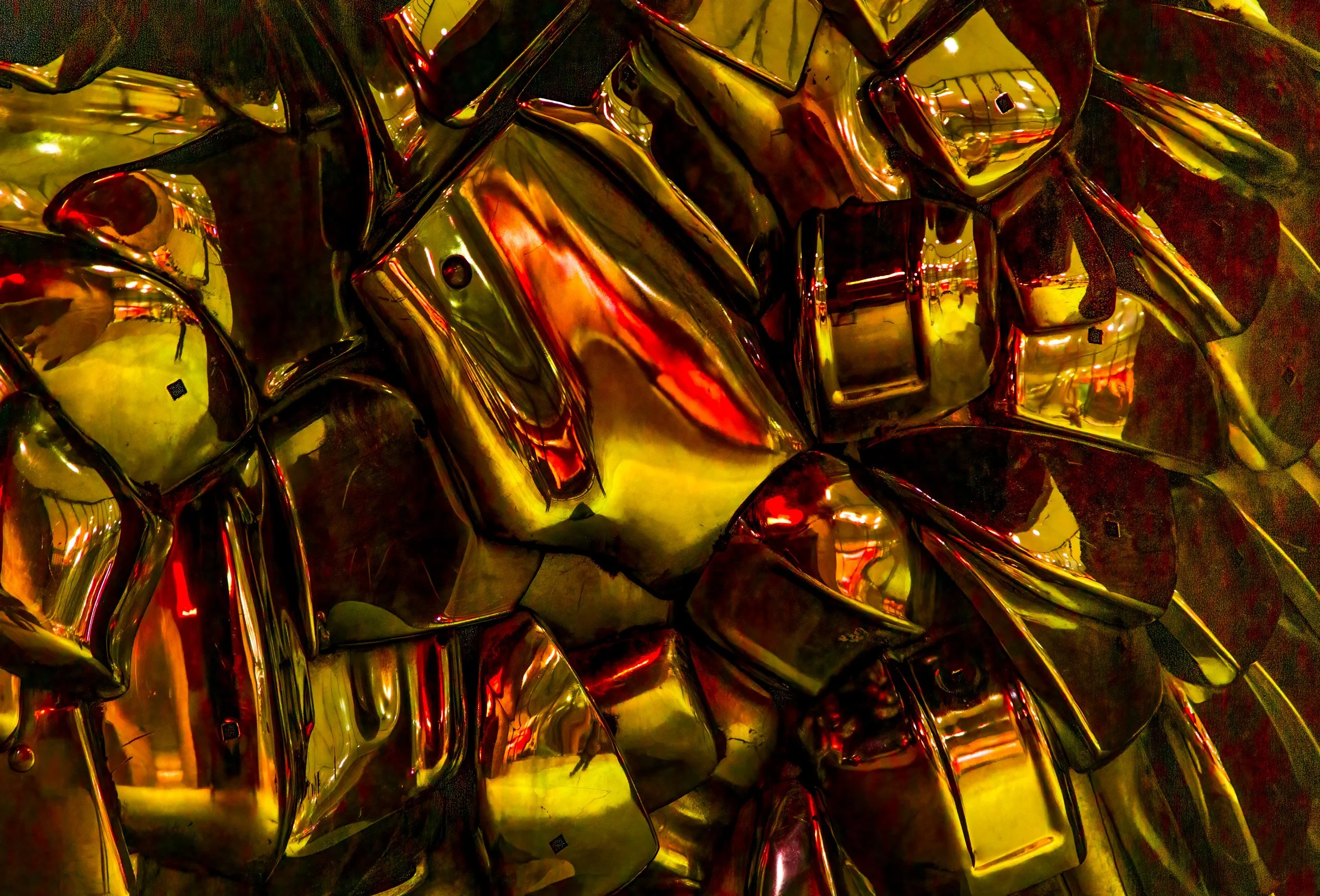 Gilded Fragments: Shimmering Gold Debris Dancing with a Crimson Reflection
