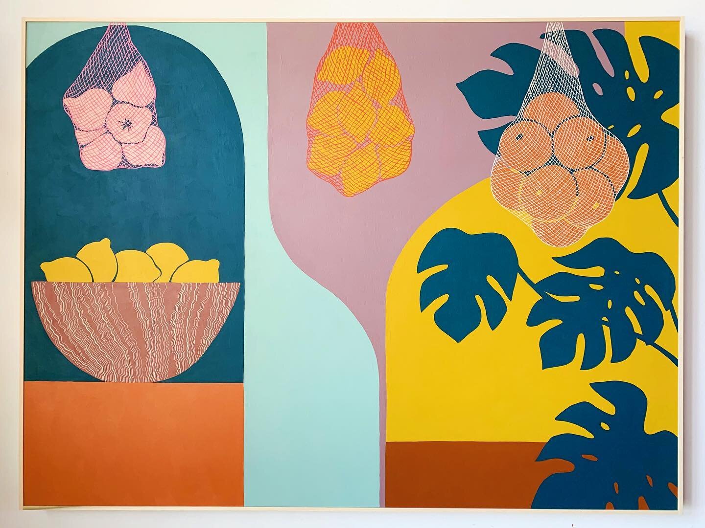 Sanctuary 13 - 30&rdquo; x 40&rdquo; 
🍋🧄🍋 2 more days to view🌿IN GOOD HANDS🌿
@glass.rice Join us tomorrow July 2nd for the closing reception from 4-7pm or book an appointment through the link in my bio

#painting #printmaking #art #artwork #hand