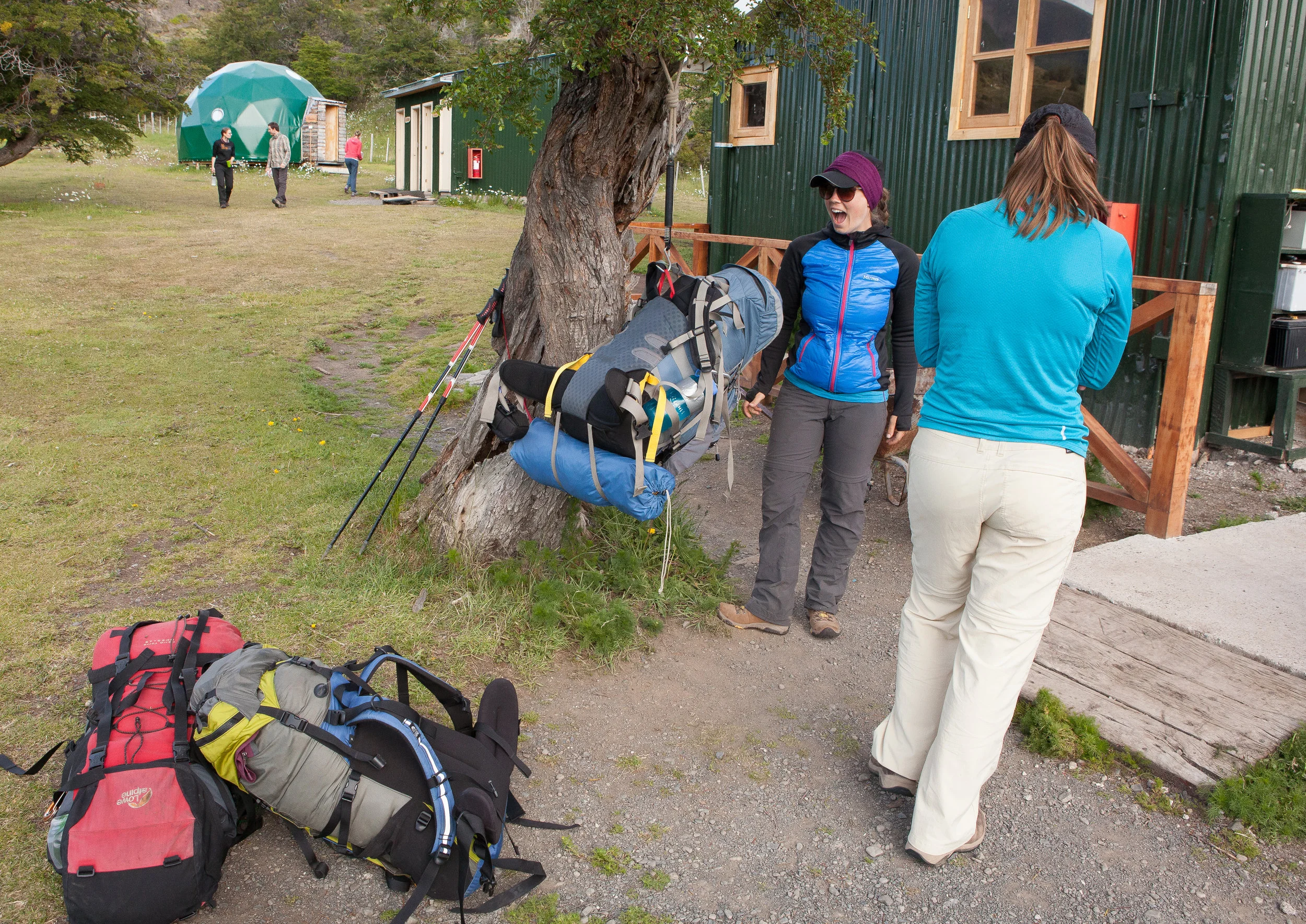 Pack weight. We didn't anticipate the availability of food along the trek so we brought 9 days of food with. Callie gasps as she sees the weight of Martha's pack. Martha won the weight competition breaking 50lbs. 