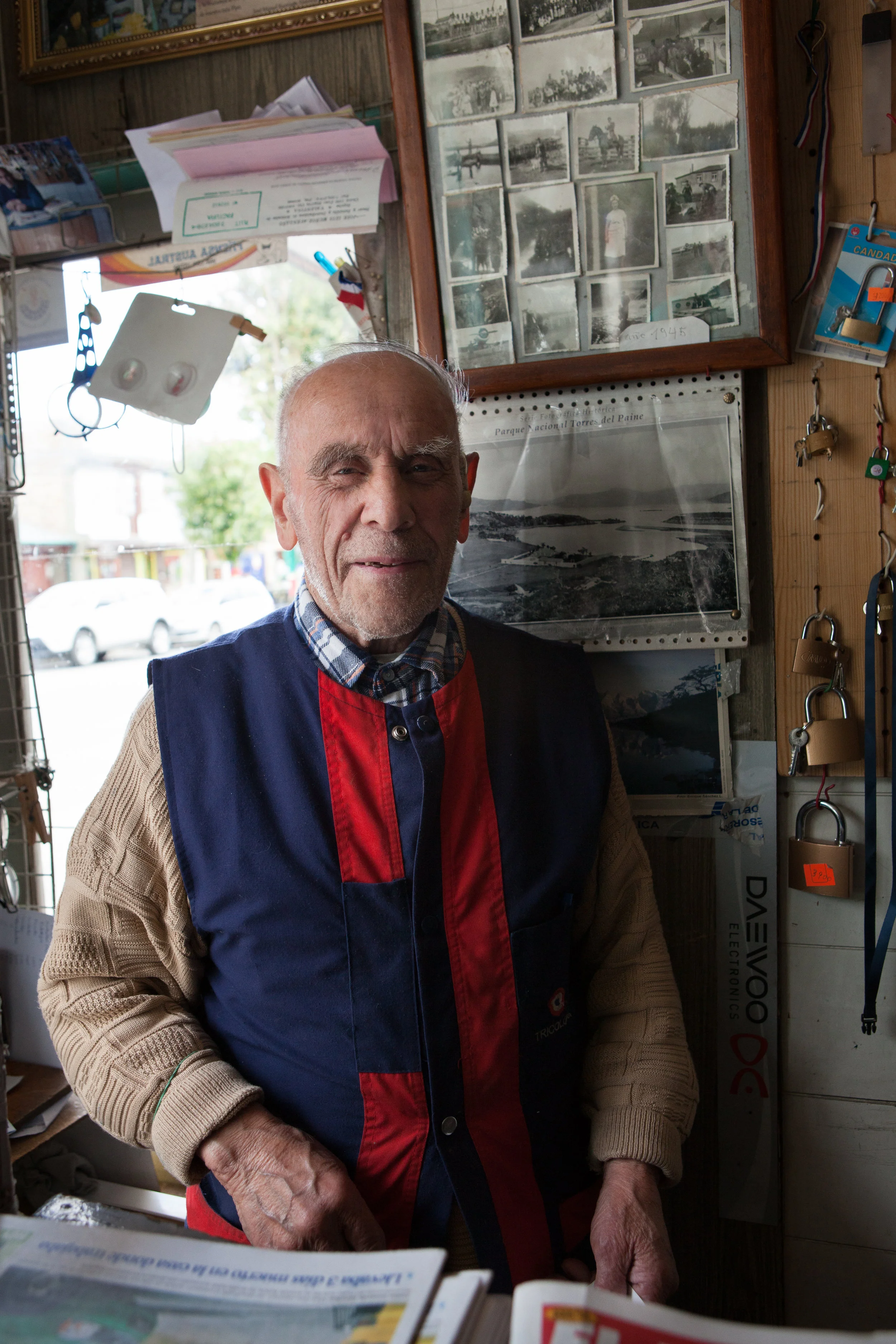 Pedro was a kind man who supplied us with fuel bottles for our stoves. He walked us through his collection of family photos hanging proudly in his small shop. His family had lived in the area for decades and at one time hunted puma. I asked if I could take his portrait and he happily obliged. He then had each of us pose for a photo with him. Puerto Natales 