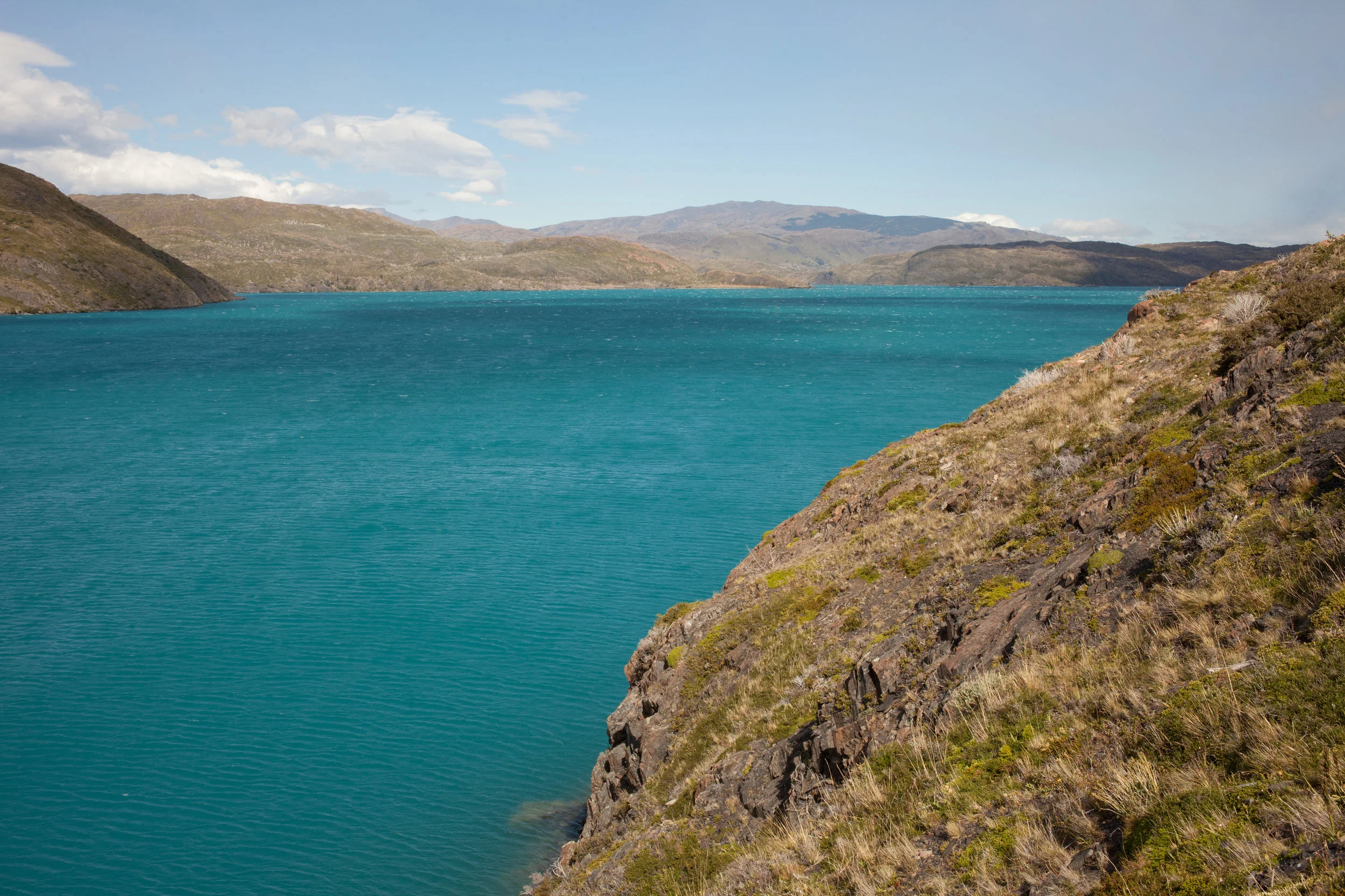 Pehoé Lake shivers with small waves caused by the fetch from the constant wind. Pehoé is a beautiful shade of blue and looks incredibly striking against the green hillsides surrounding the water. Torres del Paine National Park, Chile. 