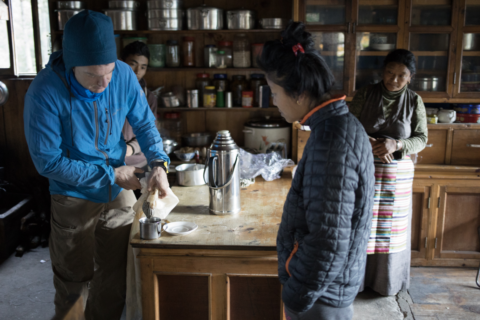 Our hosts at the Kongde Peak Guest House saw Ambrose making a cup of coffee and they asked to learn how to make an American-style cup of coffee so they could use the beans a previous guest left behind. We found a silken piece of cloth to act as a filter and he poured a wonderful cup of coffee. Our hosts laughed and declined a taste. They thought it was funny how strong we liked the coffee. 