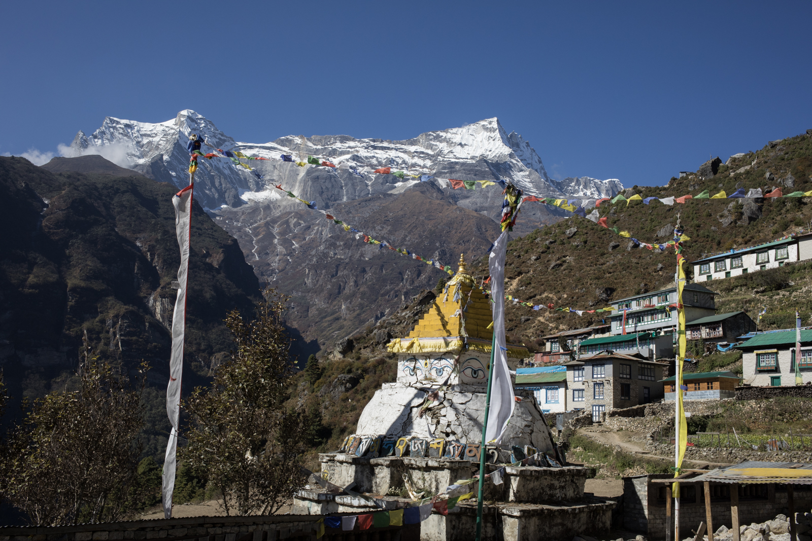 When you enter the village of Namche Baazar you are greeted with an incredible view of the peaks of Kongde Ri and a Stupa at the center of the community. Namche Baazar is a key trade town in the Everest valley. The village sits at 3,440 m. 