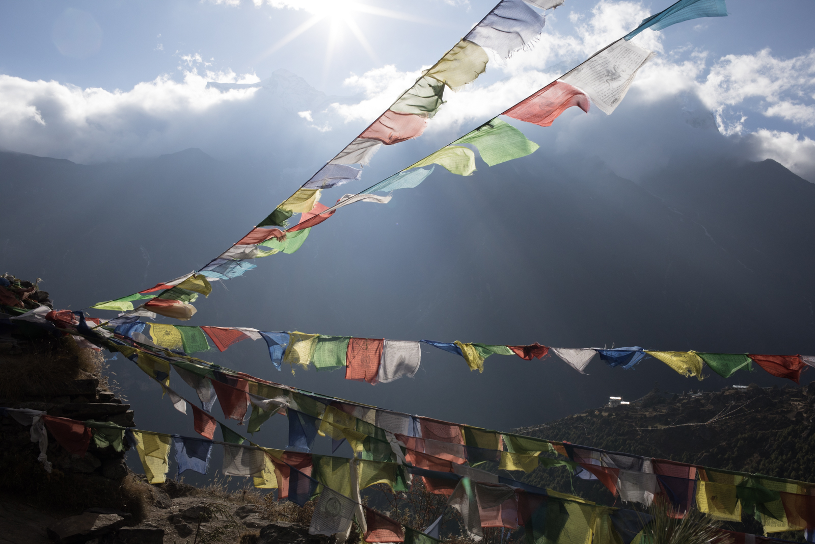 Prayer flags fly high on a ridge over Namche.
