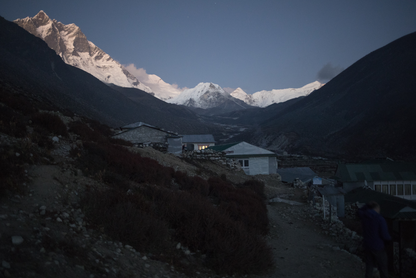 Walking back to our teahouse. Left to Right: Lhotse 8,516 m / 27,940 ft, Shartse 7,457 m / 24,465 ft, Island Peak 6,189 m / 20,305 ft, Cho Polu 6,735 m / 22,096 ft (Elevation credit: PeakFinder) 