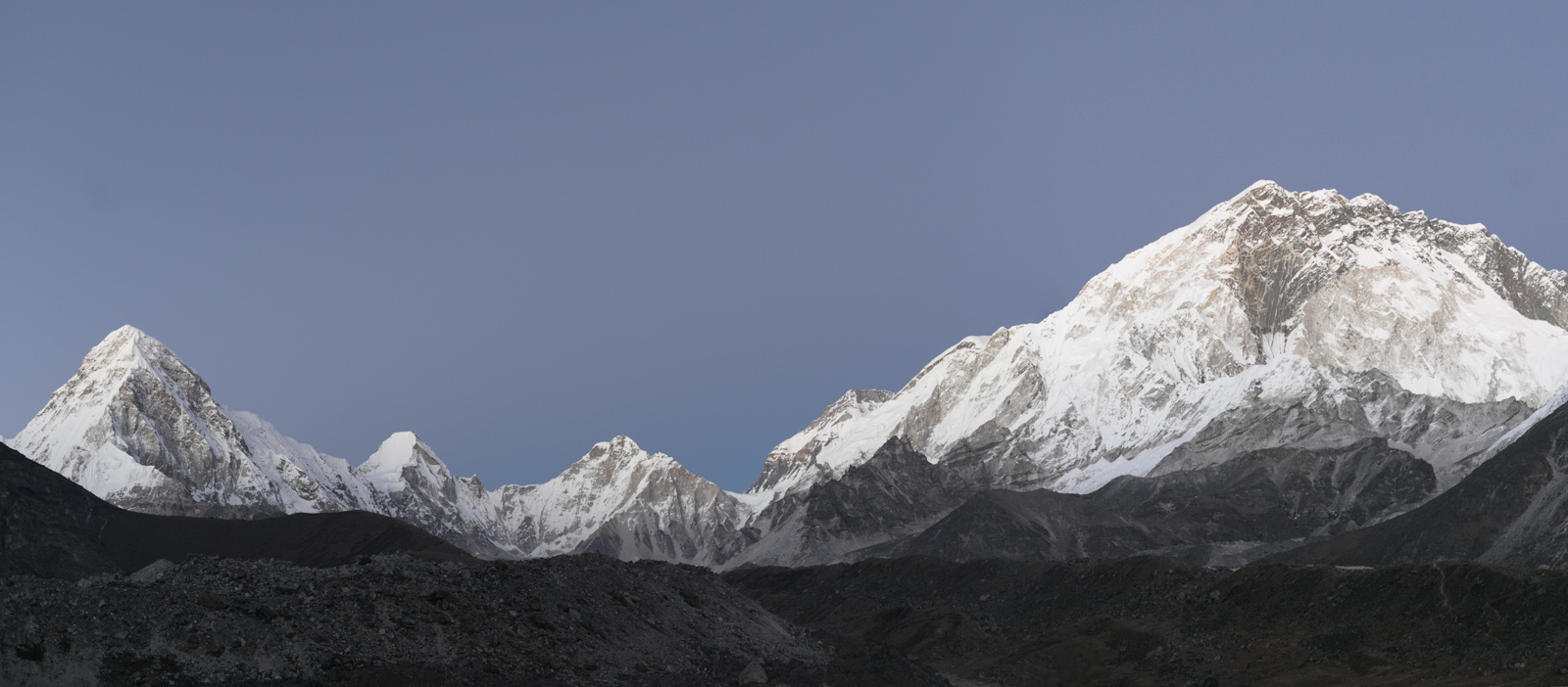 Sunset Light Study #2. Left to Right: Pumori 7,161 m / 23,494 ft, Lingtren 7,161 m / 23,494 ft, Khumbutse 6,636 m / 21,772 ft, Nuptse 7,861 m / 25,791 ft.