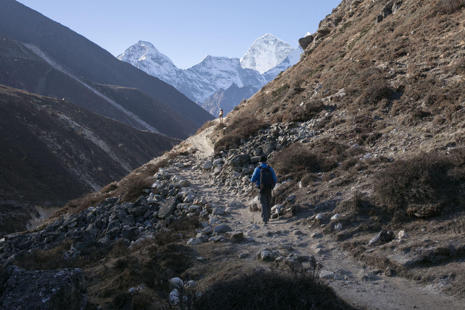 On our return journey, we hiked along the less traveled side of the Imja Khola river from Pheriche to Phortse. The trail is more narrow and provide some exposed views of the steep valley below. .