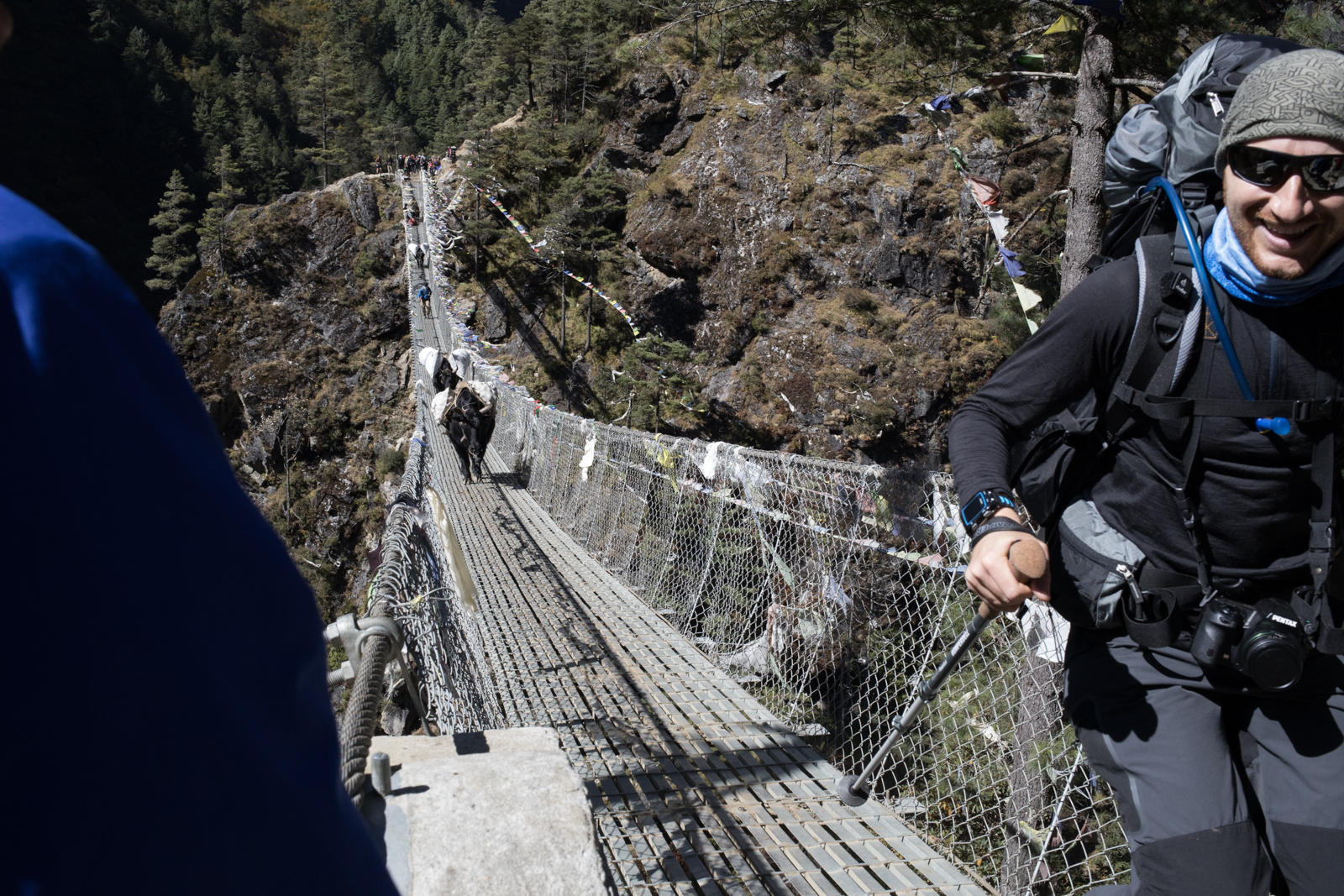 A trekker smiles as he crosses the bridge to the solid ground. Two Dzo (cow/yak hybrids) began running across the bridge and gave him quite a fright. 