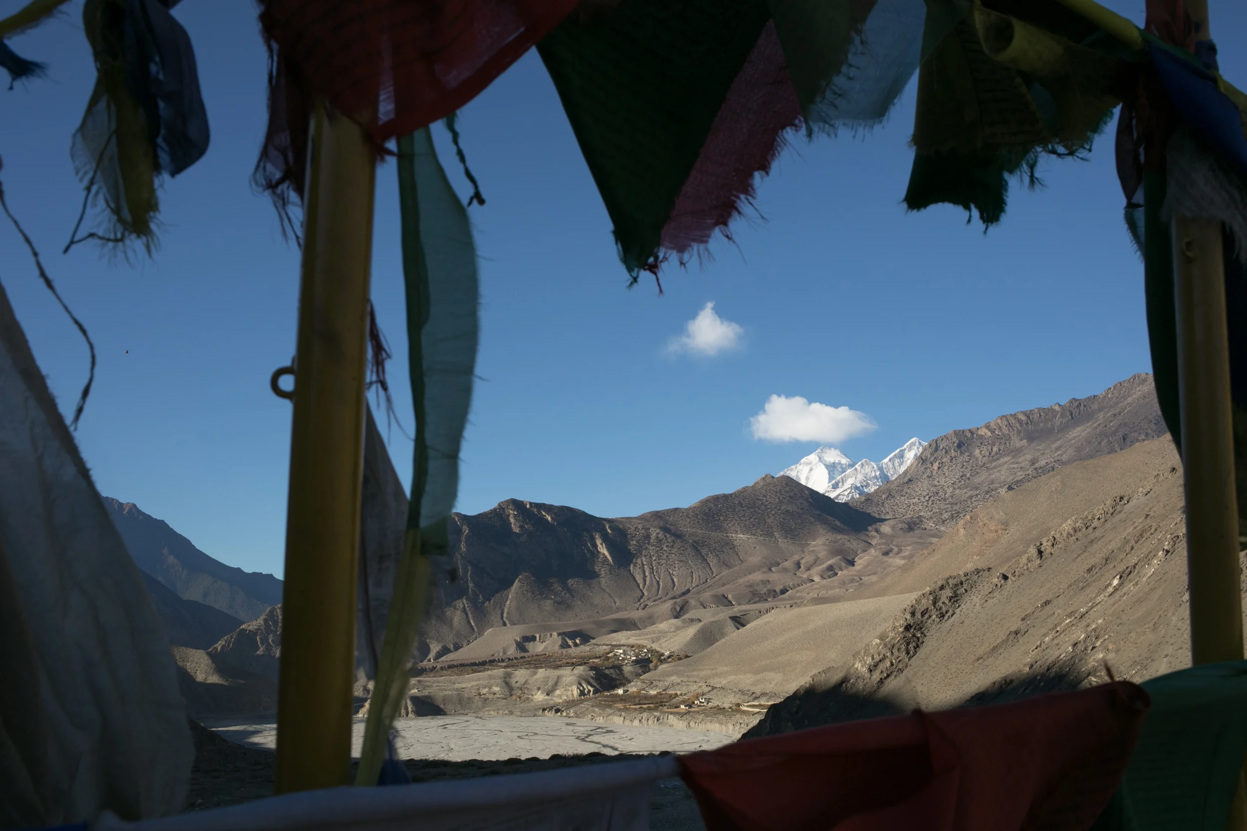 The Kaligandaki River Gorge with Dhaulagiri and Tukuche in the background. 