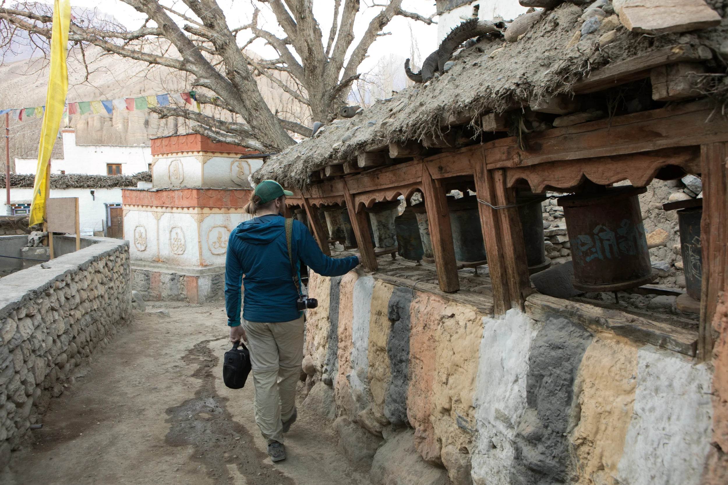 Lovely old prayer wheels. Prayer wheels are often found in town or near monasteries. As you walk, you can spin the wheel and the prayers written inside will be brought to life as you repeat the phrase "Om Mani Padme Hum." 