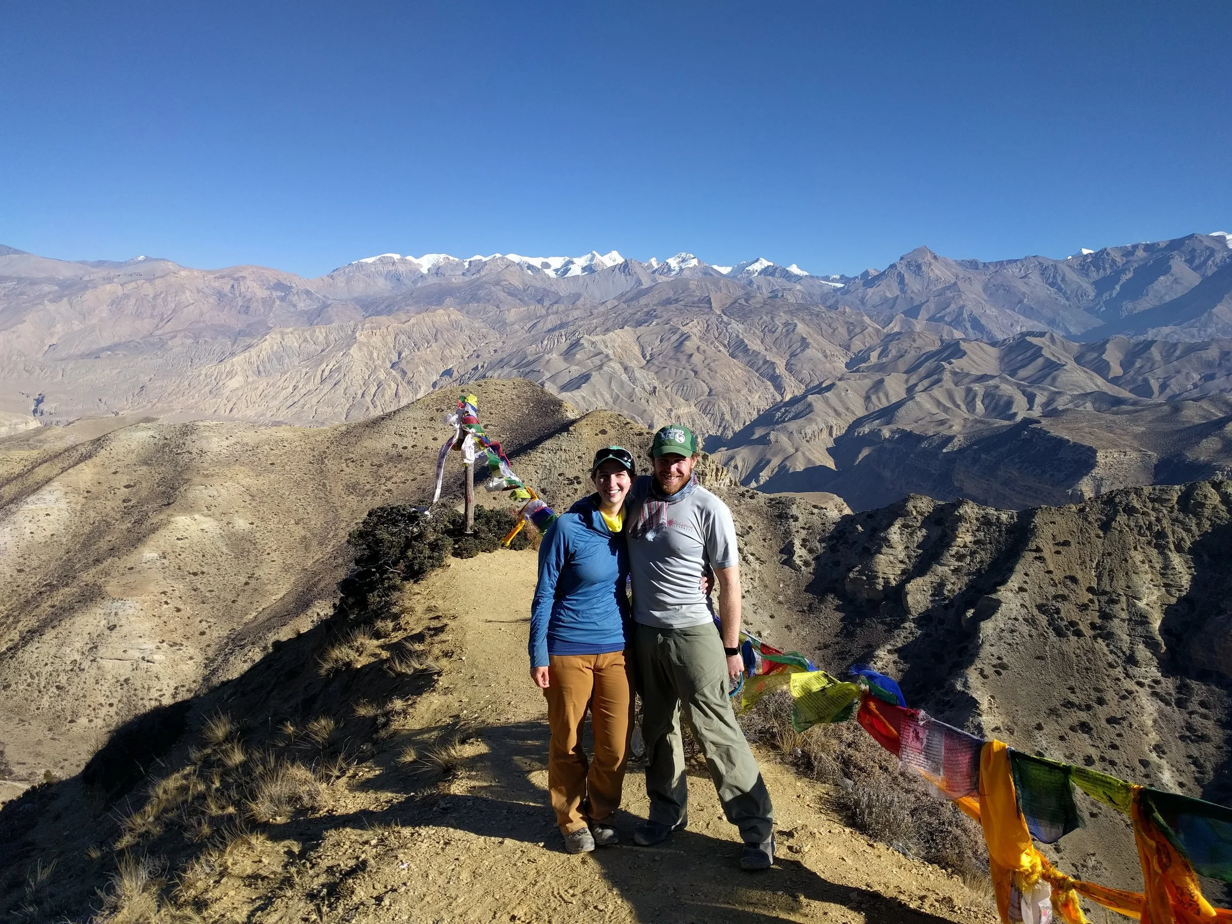 Prayer flags and a mountain pass. 