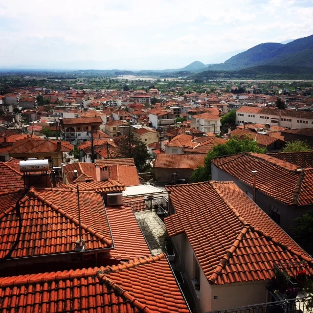 Kalabaka and the river Pindos on the Horizon. View from the Byzantine Temple of Meteora.