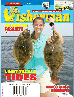 The Fisherman magazine cover shot: Jennifer Taylor holding two Barnegat Bay fluke over 6 lbs.