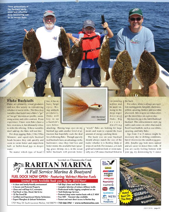 Charter client Jason Packard and family holding fluke to 8 lbs. On The Water magazine.