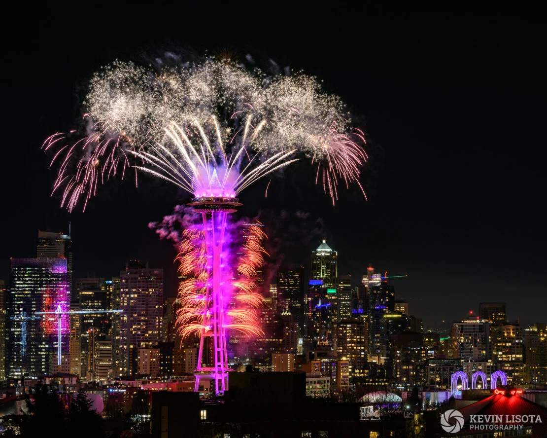 Space Needle New Year’s Fireworks. Nikon D850, 70mm, 4.0″, f/8.0, ISO 100