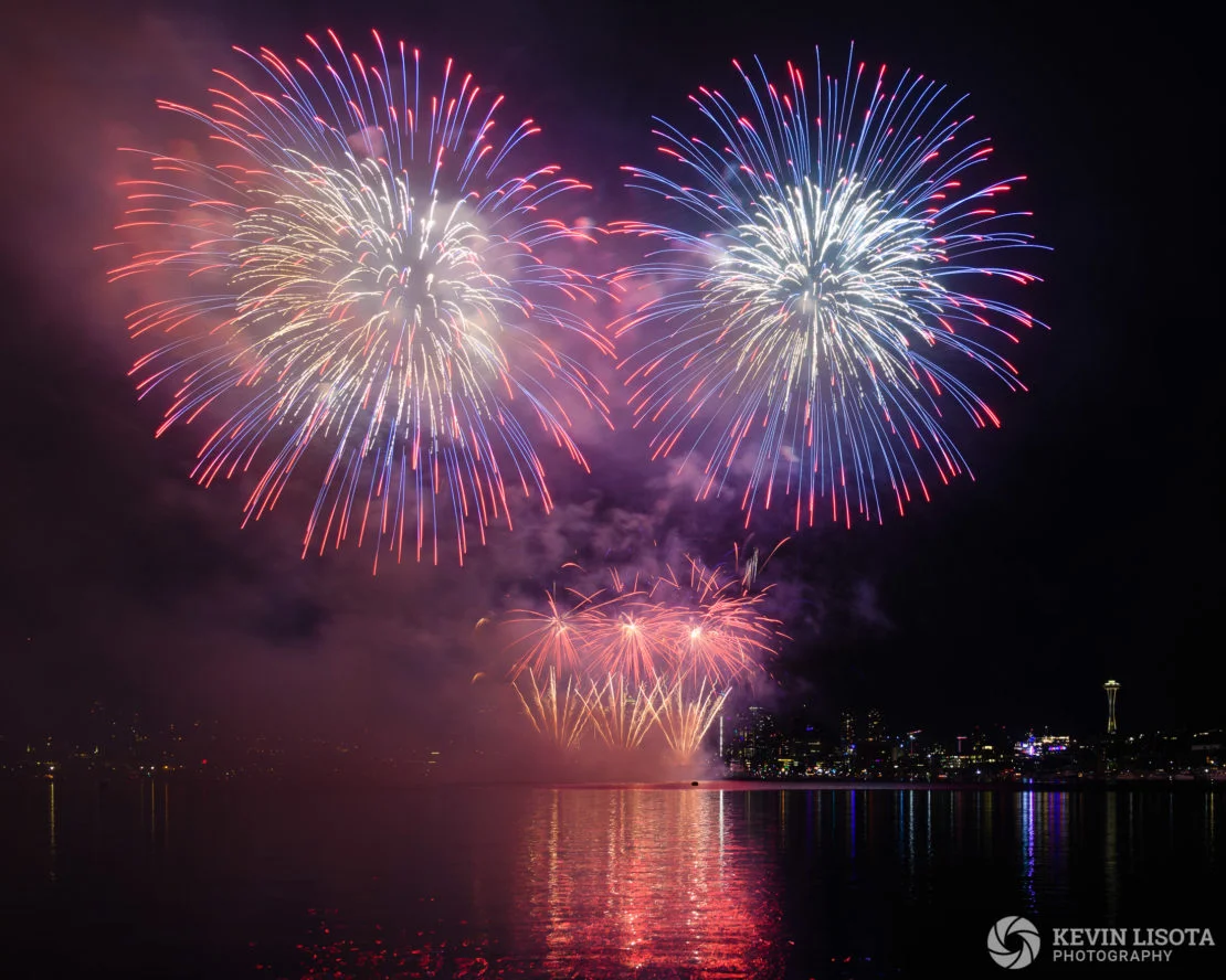 Fireworks and smoke over Seattle’s Lake Union. Nikon D850, 24mm, 1.6″, f/8.0, ISO 250