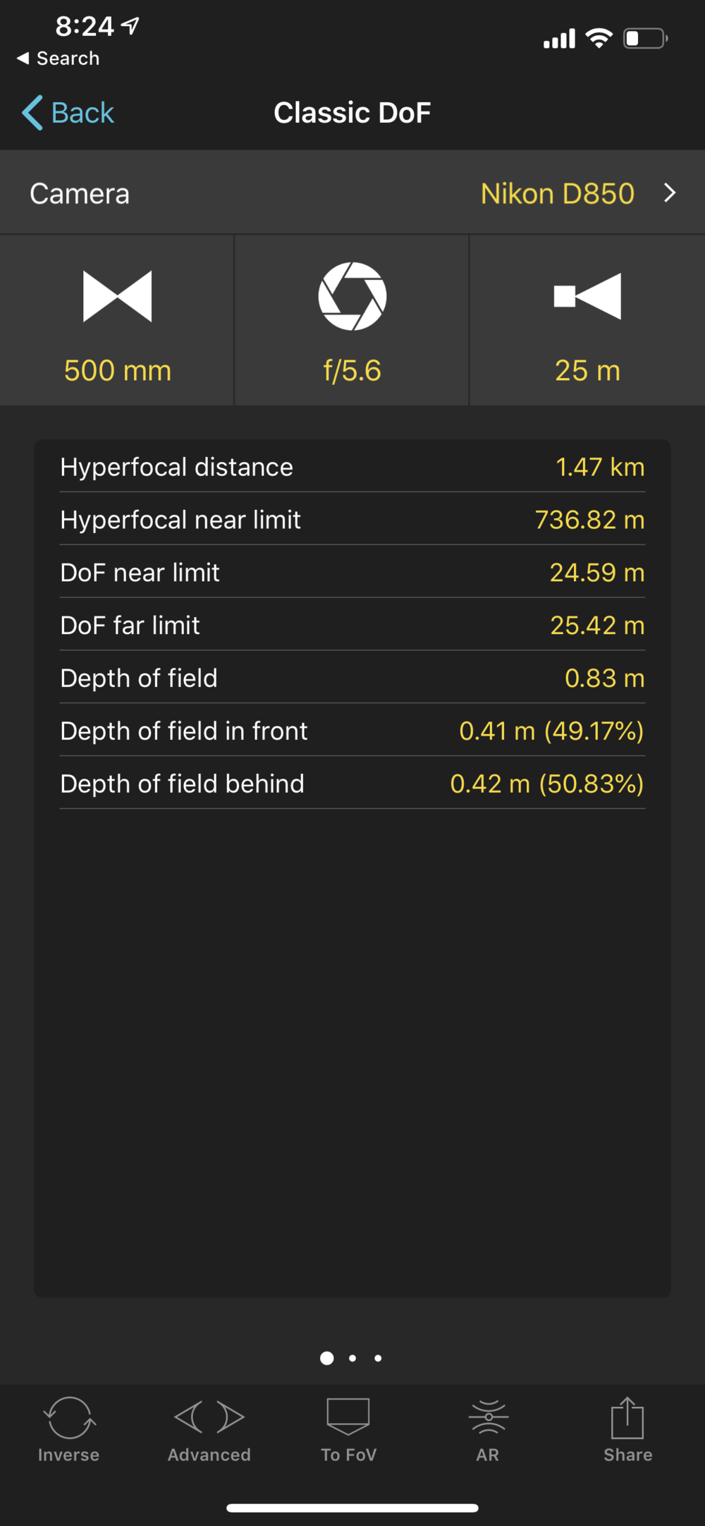 PhotoPills depth of field calculator allows you to input camera model, focal length, aperture and subject distance to calculate depth of field