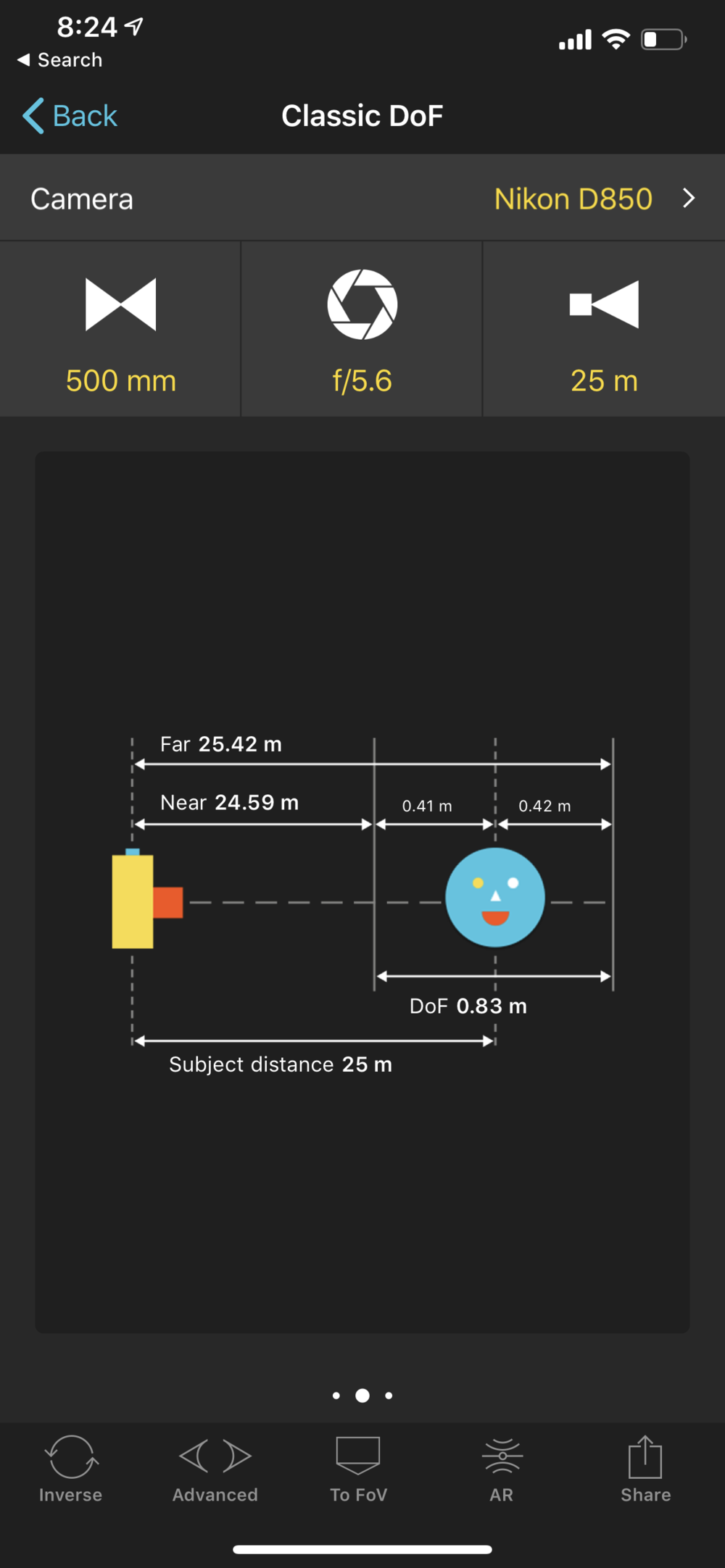 PhotoPills depth of field calculator shows both the near and far limit of depth of field based on focal length, aperture and subject distance.