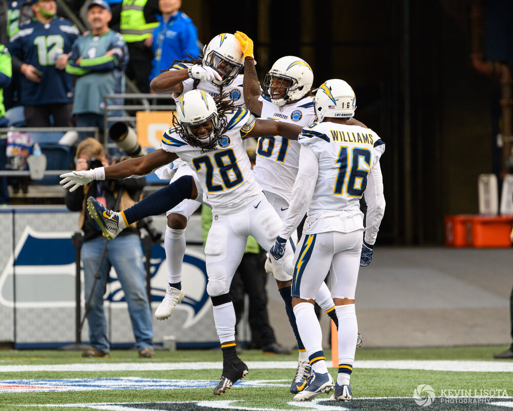 Chargers celebrate a touchdown