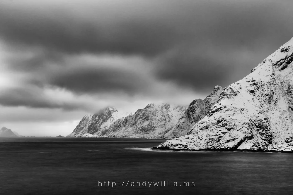Coastal view from the village of Å, Lofoten Islands, Norway, after conversion to black and white.