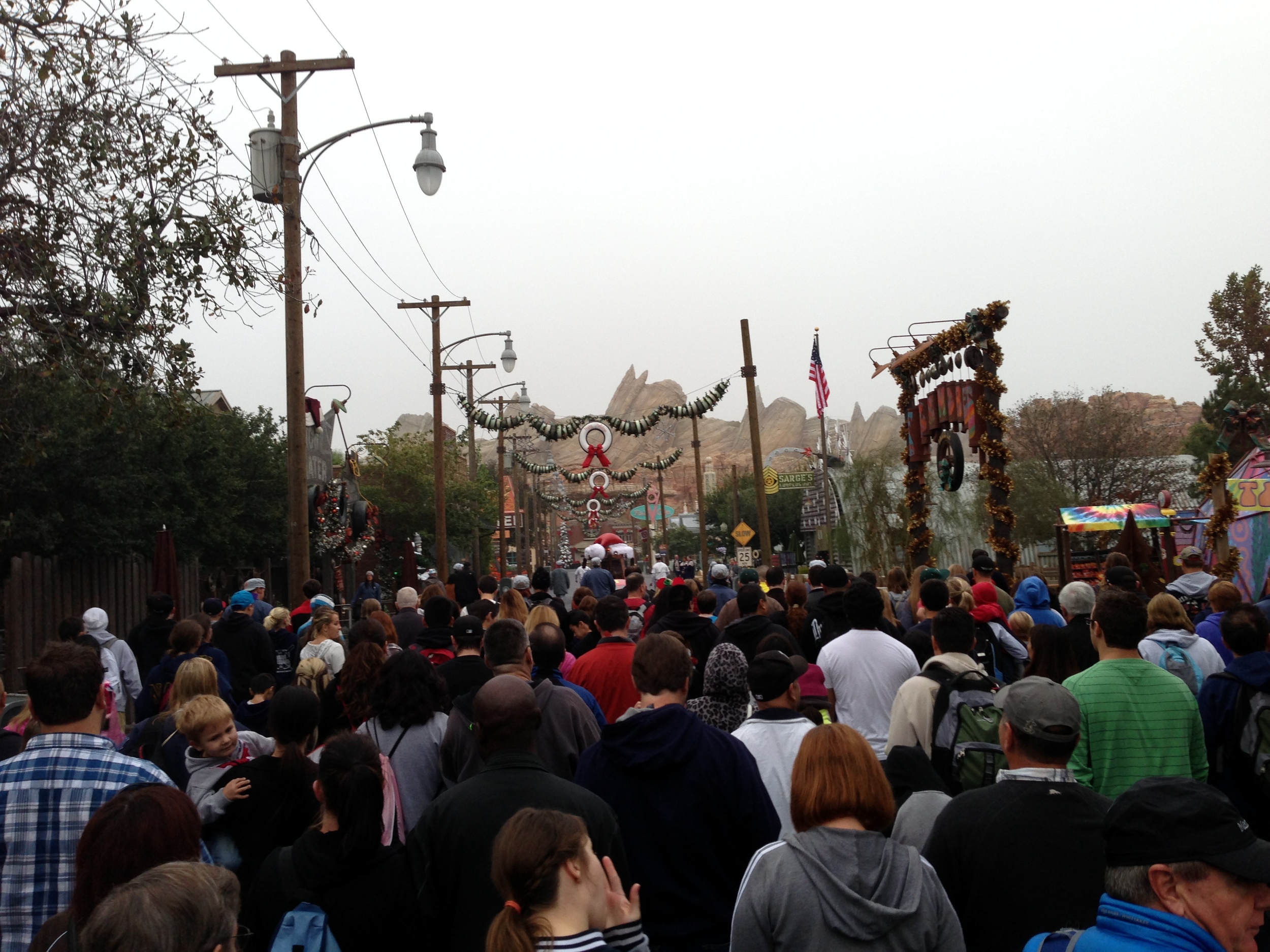  The mob of people making their way toward the Radiator Springs Racers. We were near the front of the rope drop and somehow got pushed back to the middle once we started moving. 