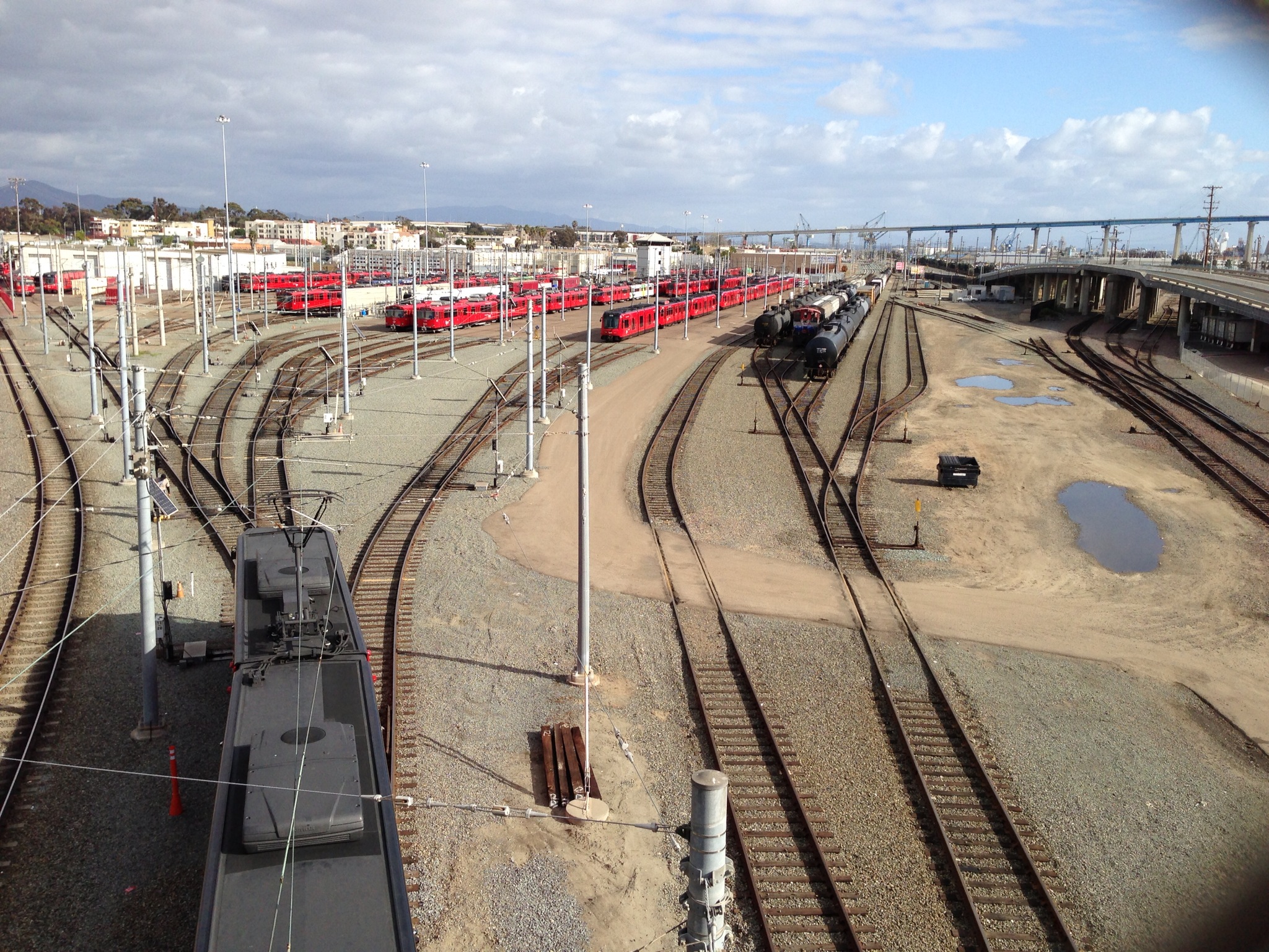 View of the train tracks from the bridge.