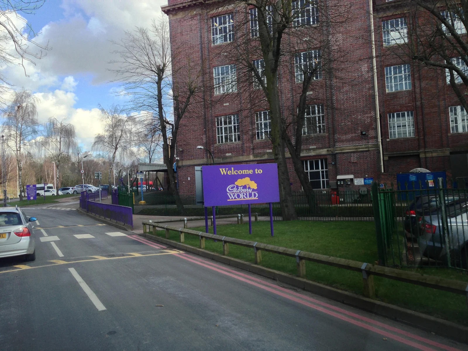 Driving into the Cadbury Factory parking lot.