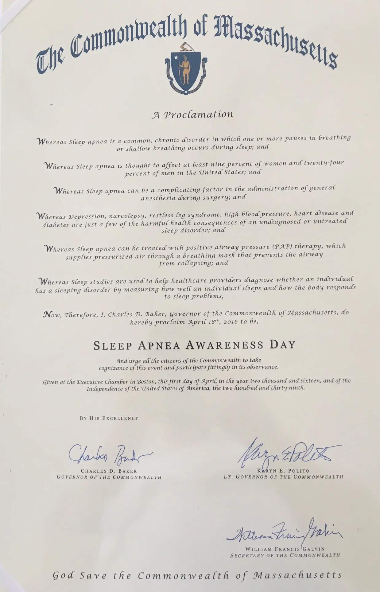 On April 4, 2016, I am happy to report that after 3 years of trying, Governor Charlie Baker issued a Sleep Apnea Proclamation which is a result of what happened to my mother. He just became Governor, so it didn't take him three years. The former Governor (who held fundraisers at the home of the hospital owner), the Dishonorable Deval Patrick, refused to issue the Proclamation. I am proud to say that the new Governor, Charlie Baker, stood up for those in Massachusetts and has likely saved lives because of his going against the grain. No one related to my mothers case wanted this issued. But Charlie Baker did it anyway. Thank you, Mr. Governor. You're a stand up guy who does the right thing.