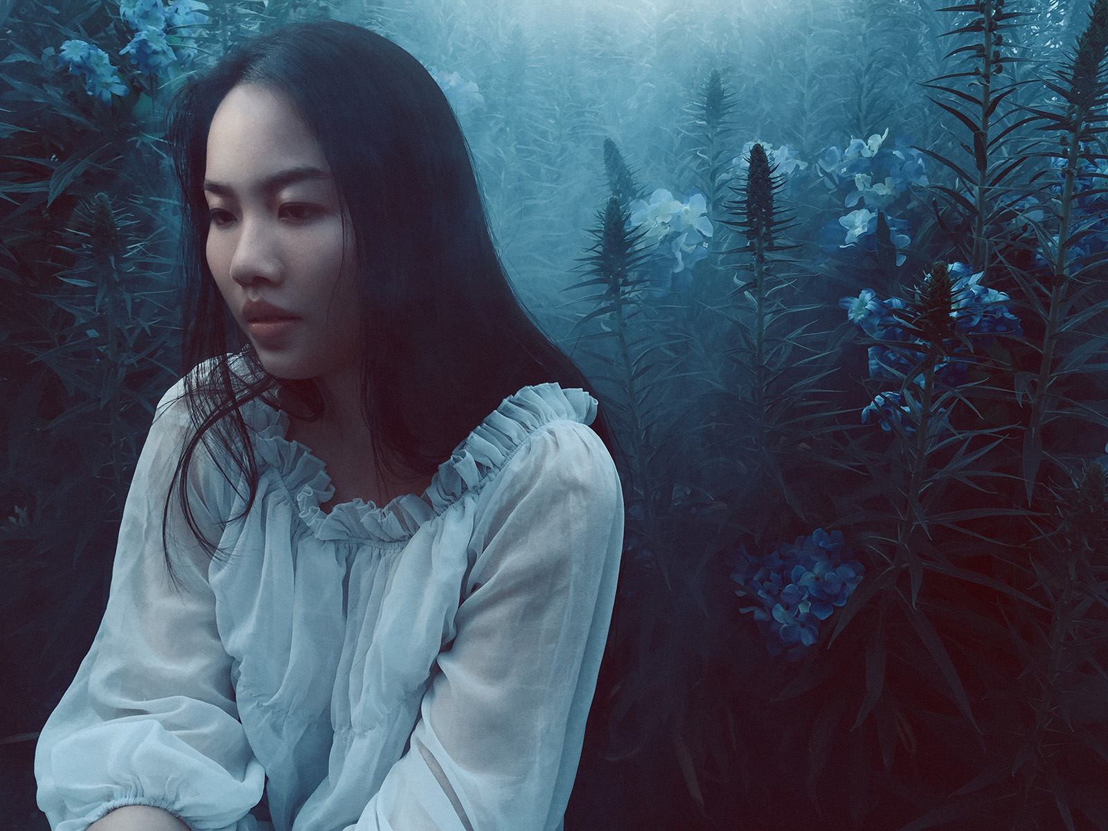 I love the depth that fog creates when you can see the density build up through plants or trees. The light on her wasn't quite as optimal as I'd usual have it but it is still close to my usual look. Colors are a bit different in this once compared with the others from this shoot. Less red in the shadows. I guess I just feel like this one works being primarily cold cyans. 