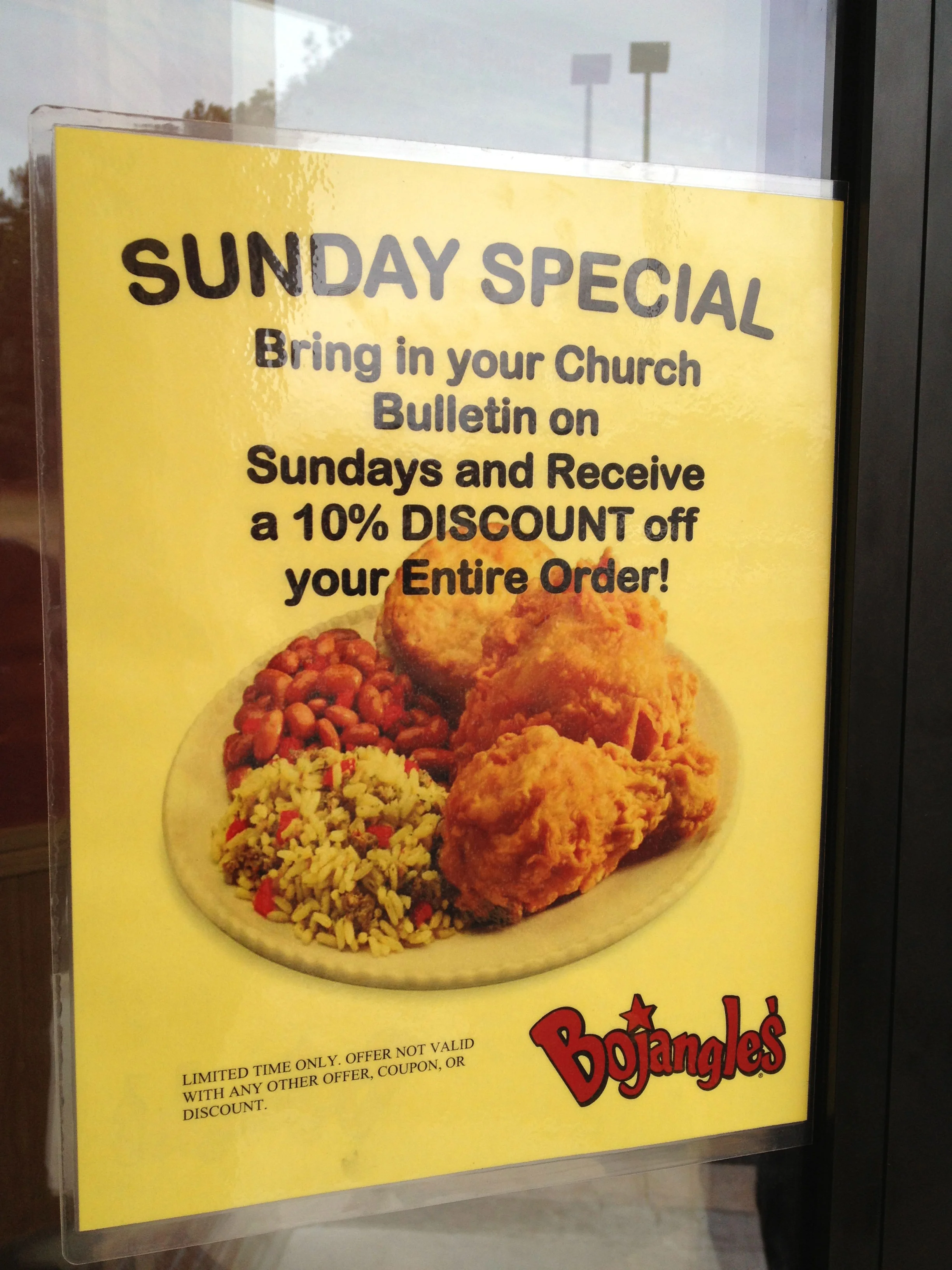 Two Southernisms: "Bojangles" and a fast food discount for going to church.
