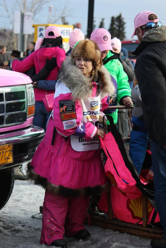 The boss of all Alaska fashion bosses, DeeDee Jonrowe. She rocks this pink fur-lined parka LIKE NO OTHER.