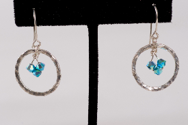 Hammered Fine Silver Circle Earrings with Crystals (Turquoise crystal color shown)