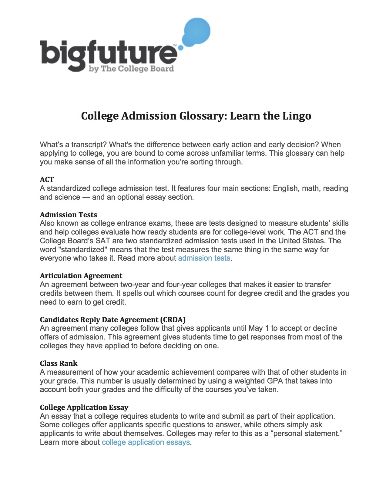 College Admission Glossary