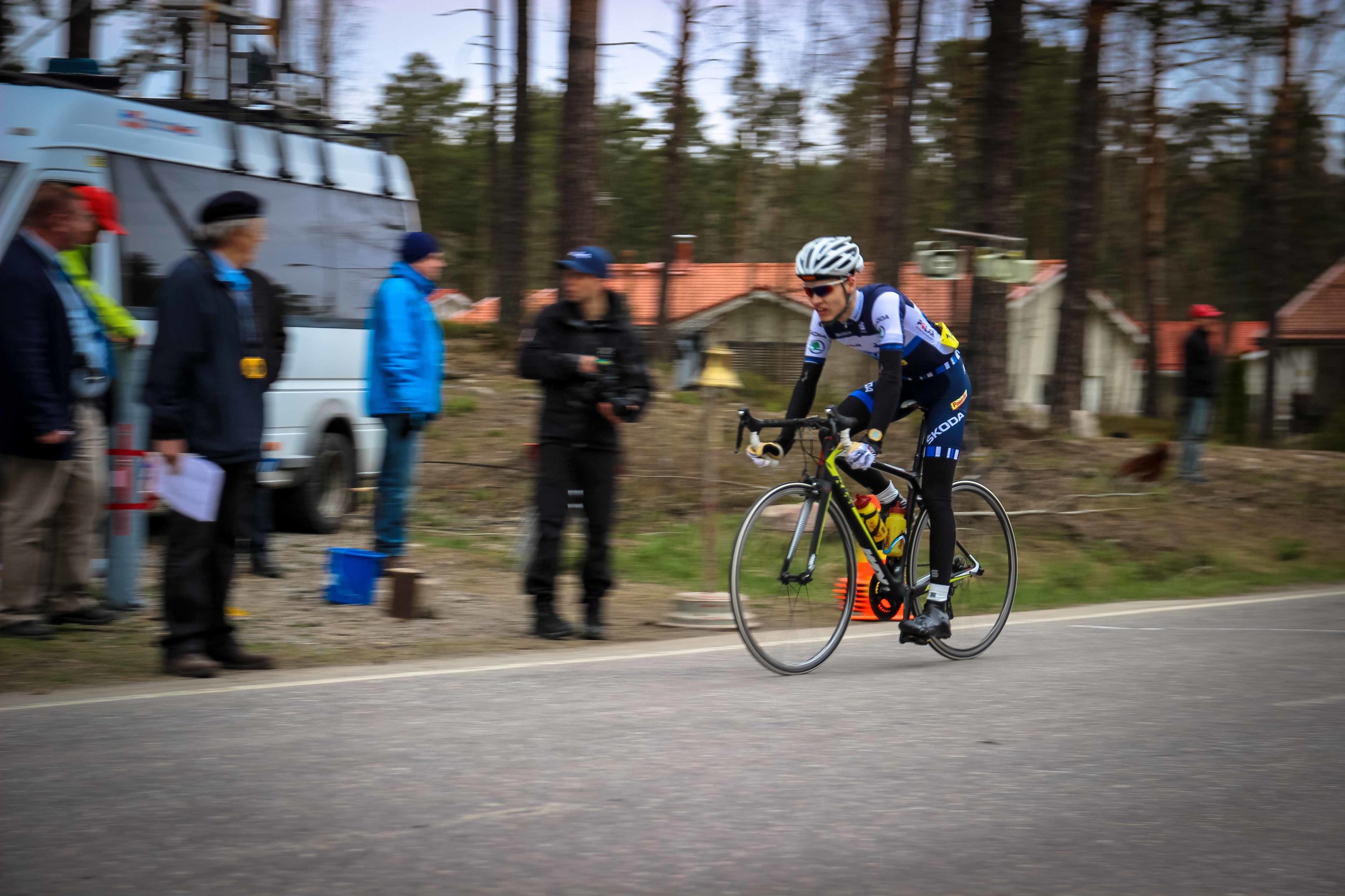 Joel Bergman crossing the finish line just seconds later