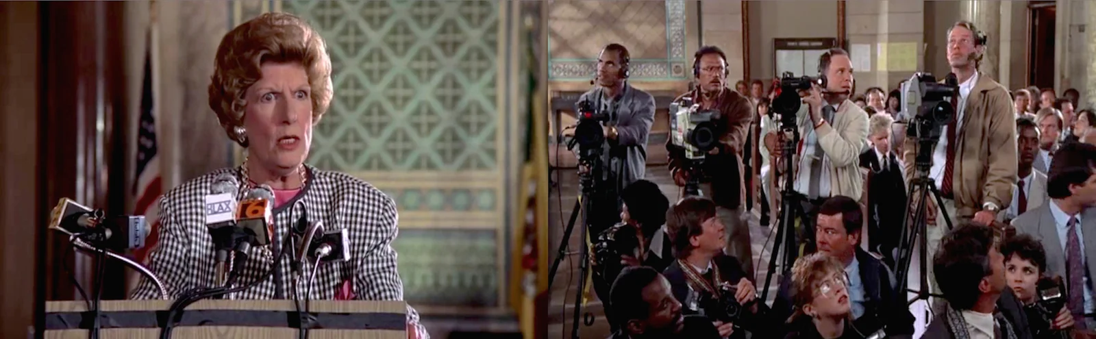 Anger and bewilderment: Frank Drebin's radio mic transforms the police press conference into a communal toilet experience in The Naked Gun [1988].