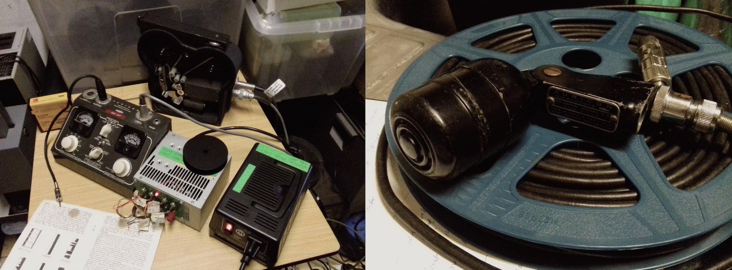 James Holcombe's Auricon 100 camera, amp and chunky mic.