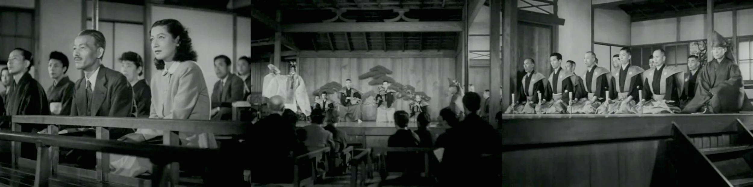 Three perspectives of a listener: Chishū Ryū and Setsuko Hara attending the Noh performance.