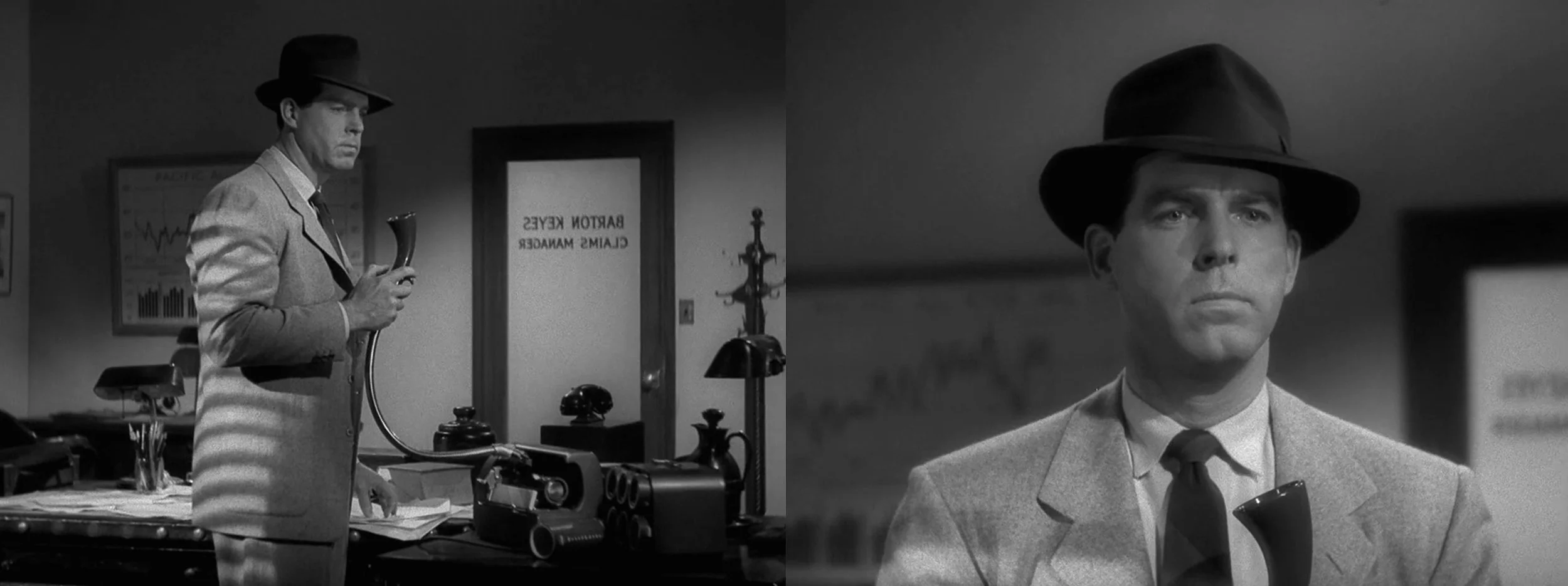 Probing the recorded past: Walter Neff (Fred MacMurray) listening to the ear piece in the film noir classic Double Indemnity [1944].